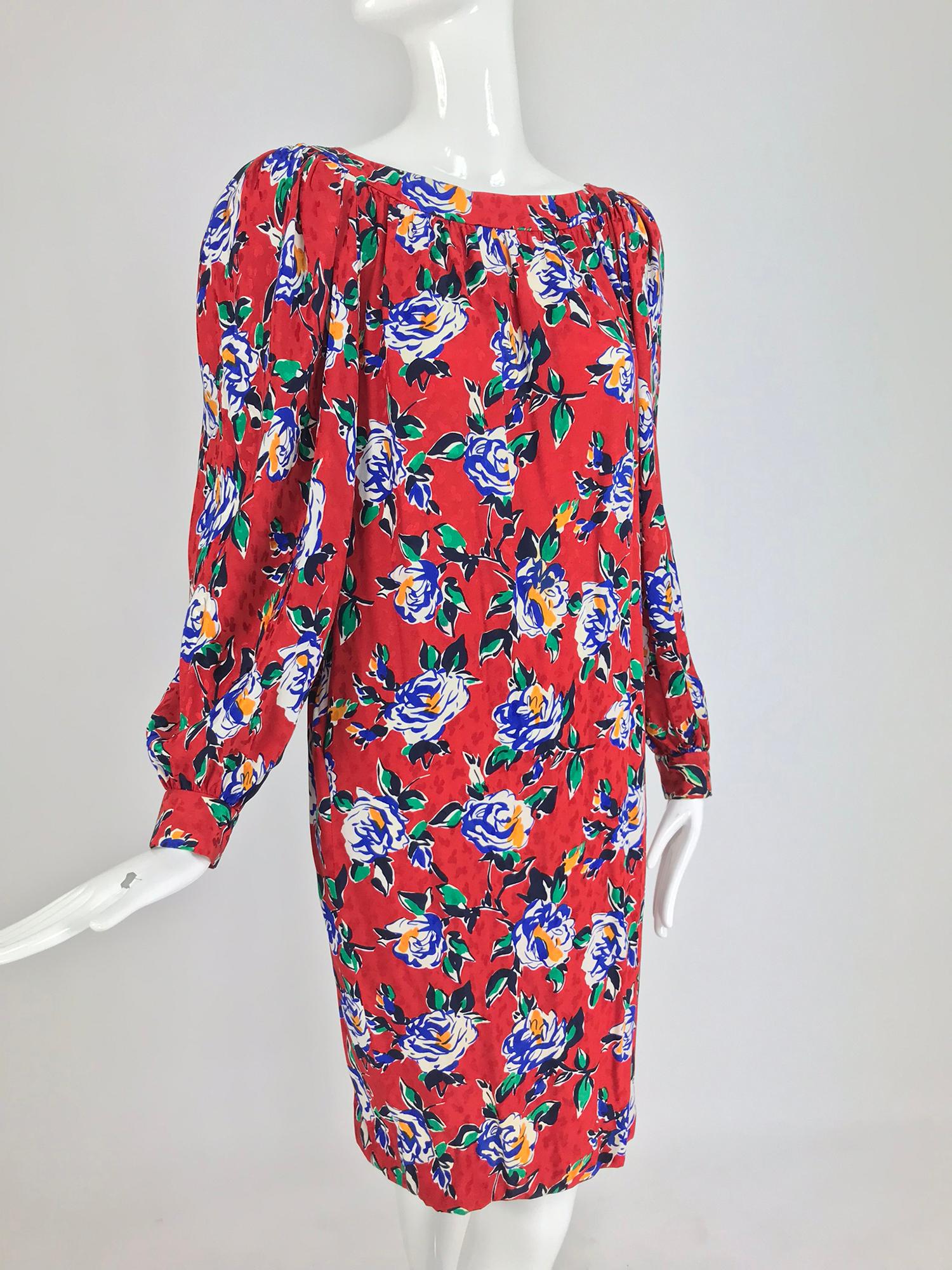 Yves Saint Laurent Red Floral Silk Jacquard Scoop Neck Dress, 1980s 7