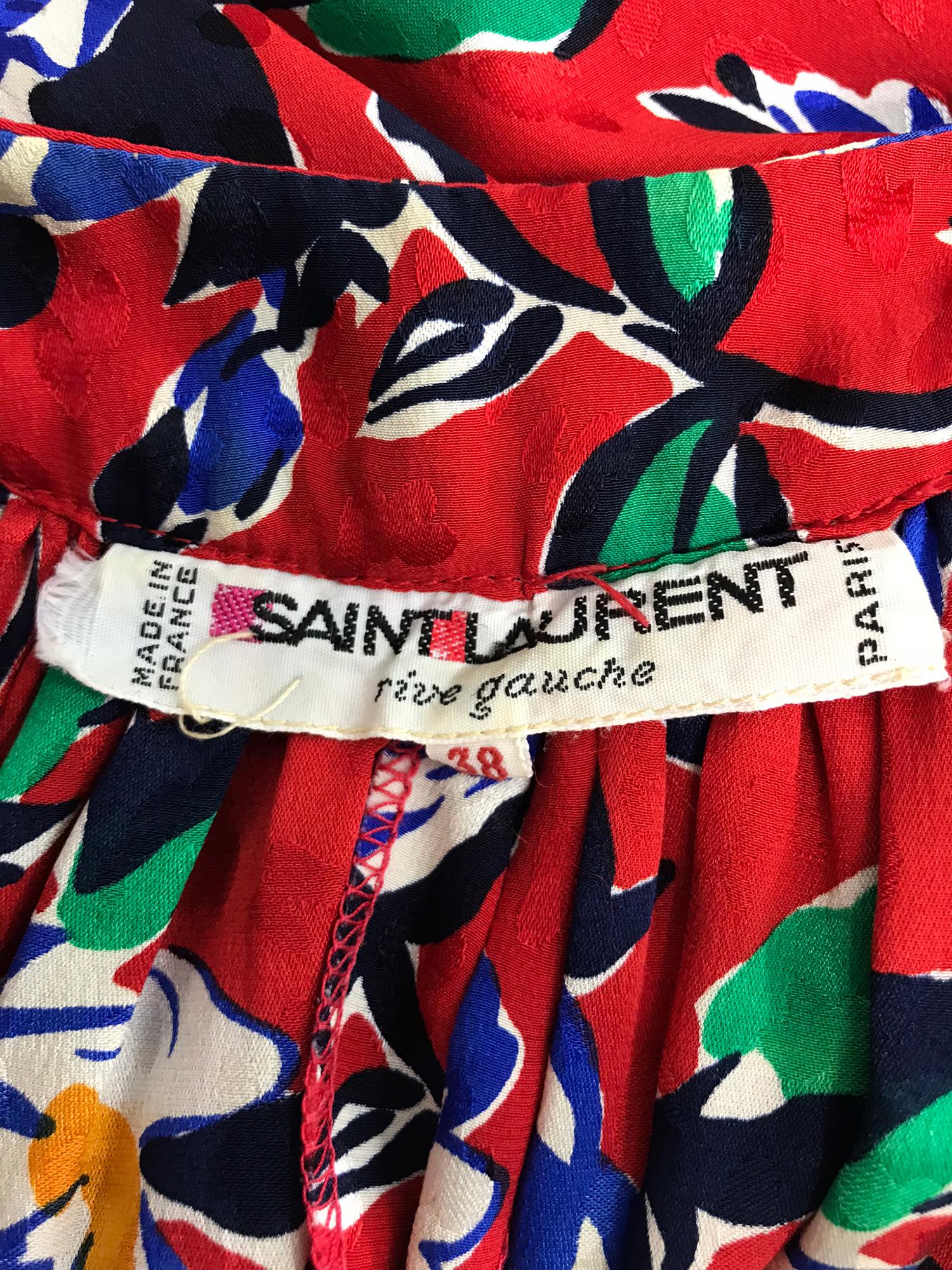 Yves Saint Laurent Red Floral Silk Jacquard Scoop Neck Dress, 1980s 9