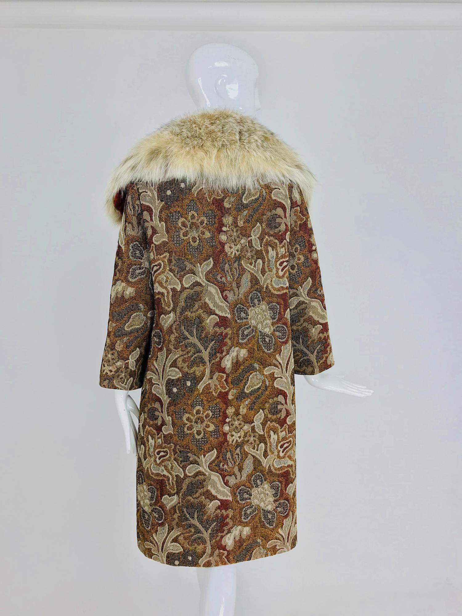 Brown Abraham & Straus Tapestry coat with fur collar and wrap belt, 1960s 