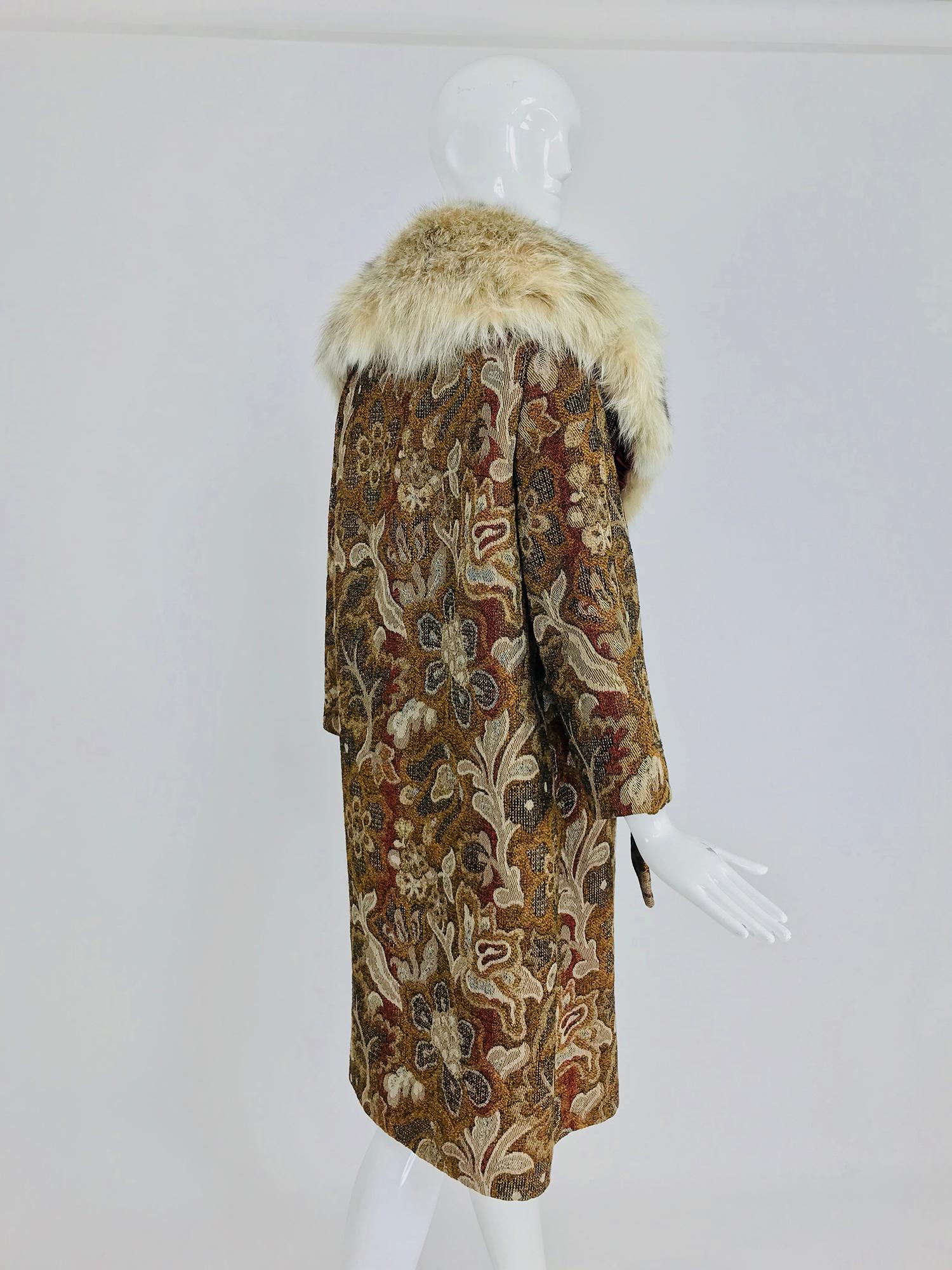 Abraham & Straus Tapestry coat with fur collar and wrap belt, 1960s  1