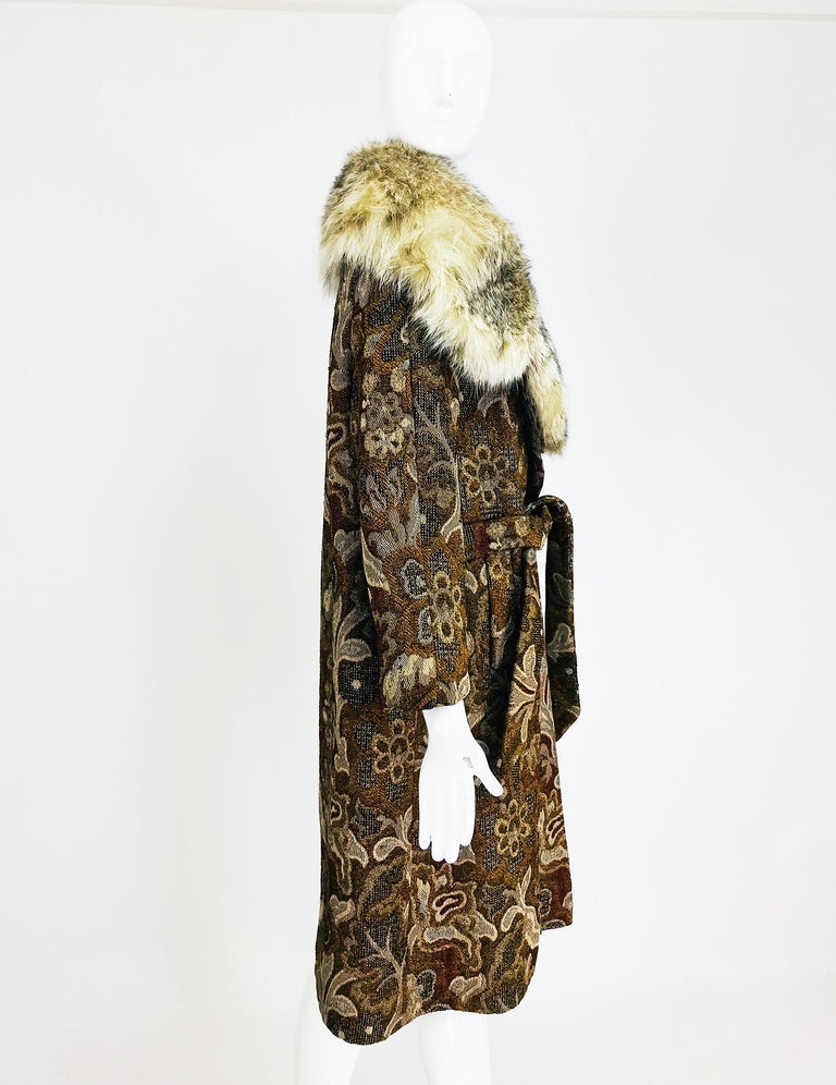 Abraham and Straus Tapestry coat with fur collar and wrap belt, 1960s