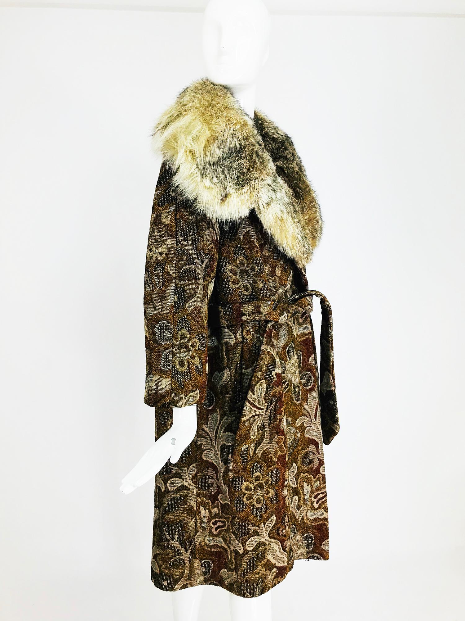 Abraham & Straus Tapestry coat with fur collar and wrap belt, 1960s  4
