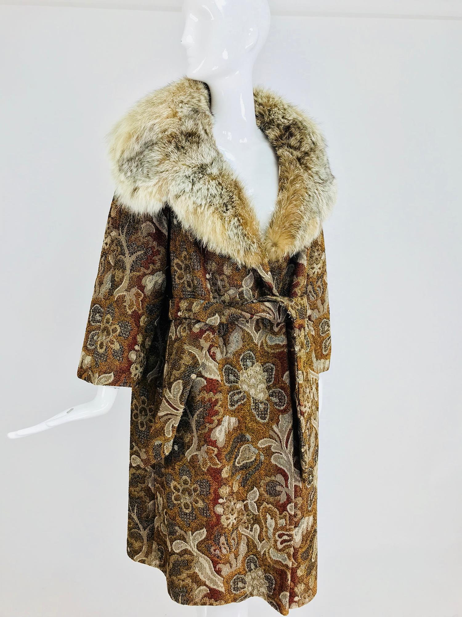 Abraham & Straus Tapestry coat with fur collar and wrap belt, 1960s  5