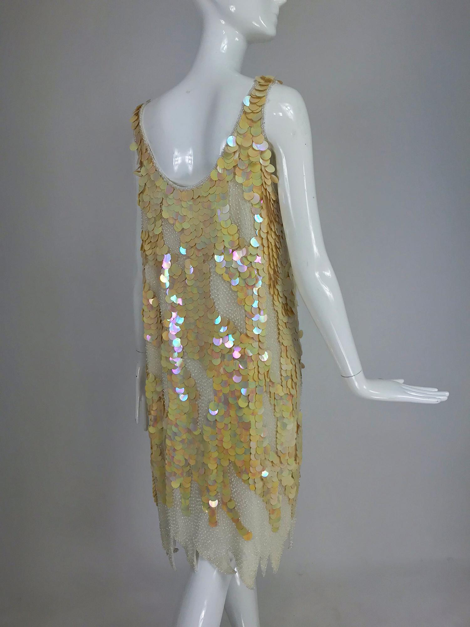 Swee Lo Beaded Iridescent Paillette 1920s flapper style dress, 1980s  1
