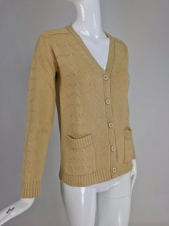 Hermes tan cashmere silk cable knit cardigan sweater 1960s