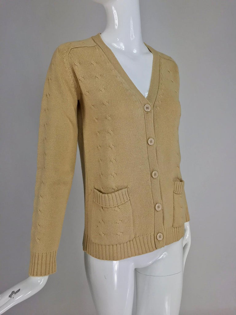 Hermes tan cashmere silk cable knit cardigan sweater 1960s For 