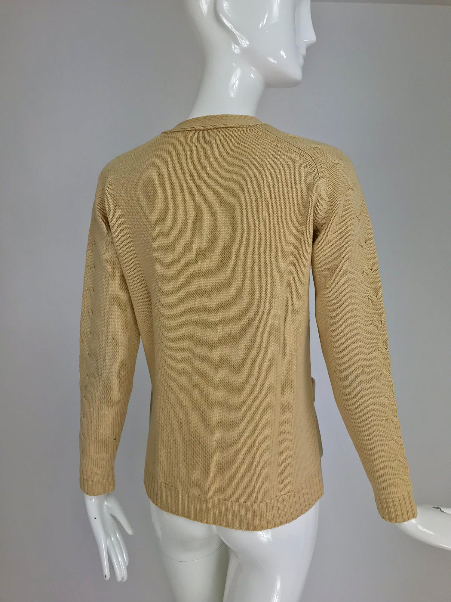 Brown Hermes tan cashmere silk cable knit cardigan sweater 1960s For Sale