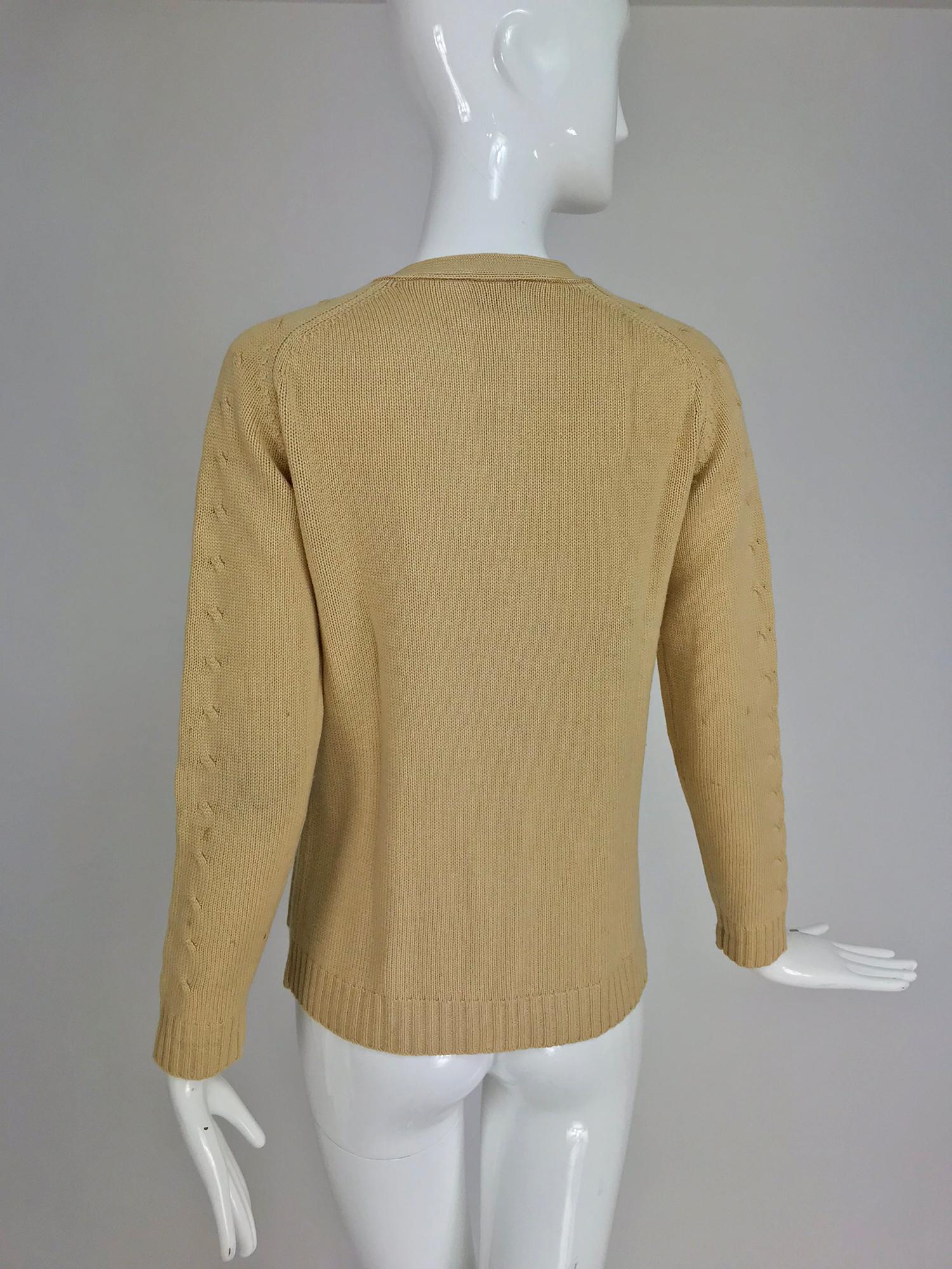 Women's Hermes tan cashmere silk cable knit cardigan sweater 1960s For Sale