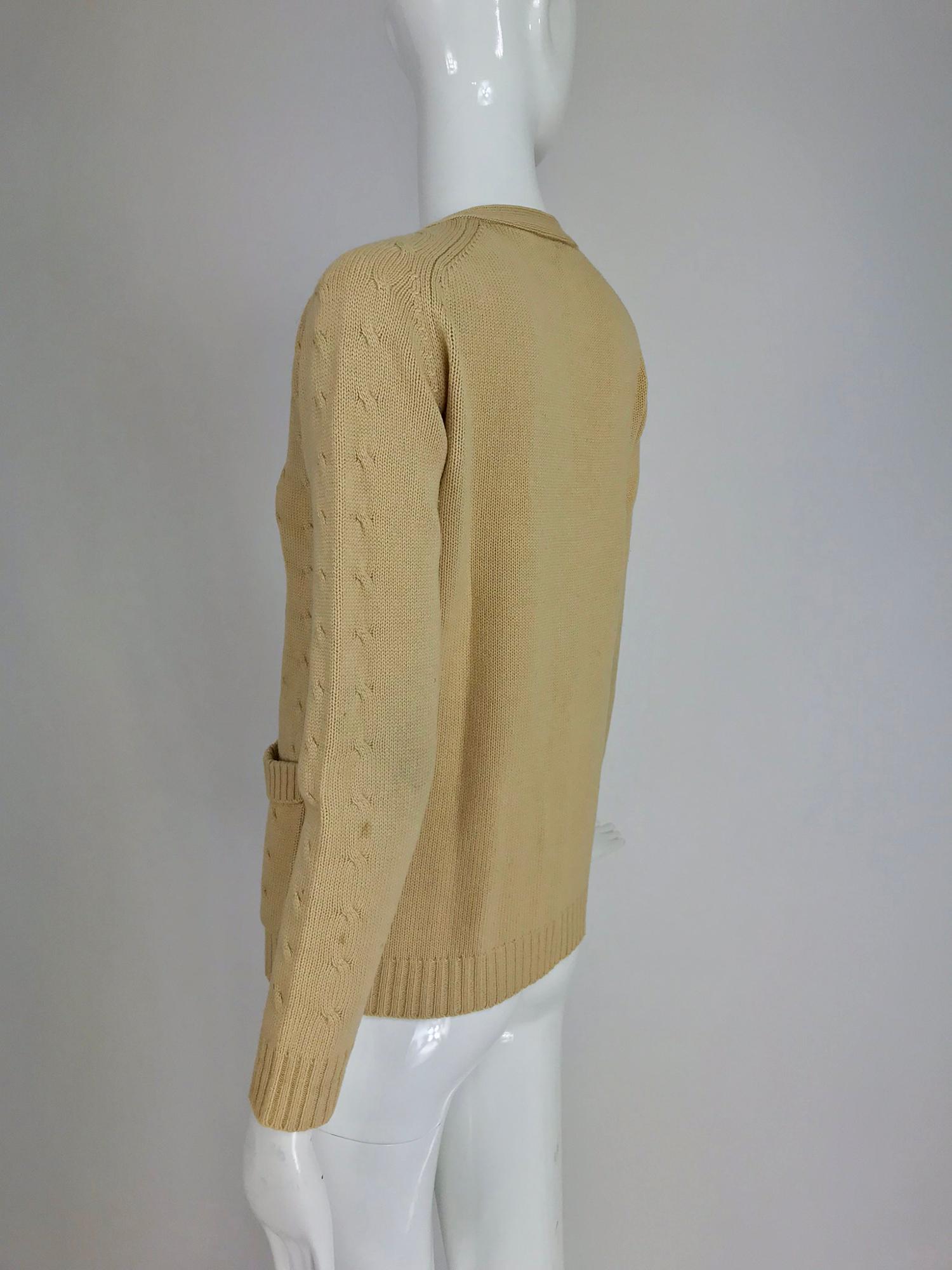 Hermes tan cashmere silk cable knit cardigan sweater 1960s For Sale 1