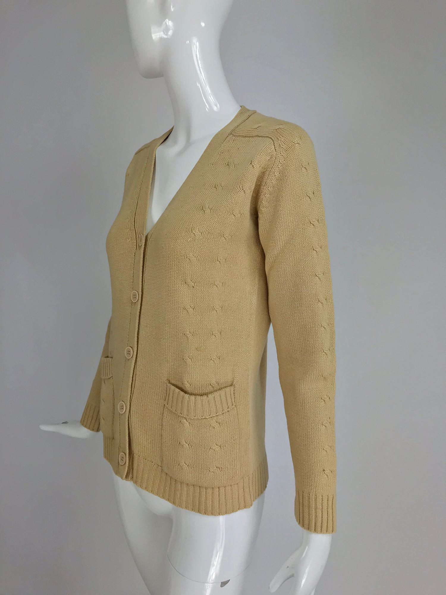 Hermes tan cashmere silk cable knit cardigan sweater 1960s For Sale 4