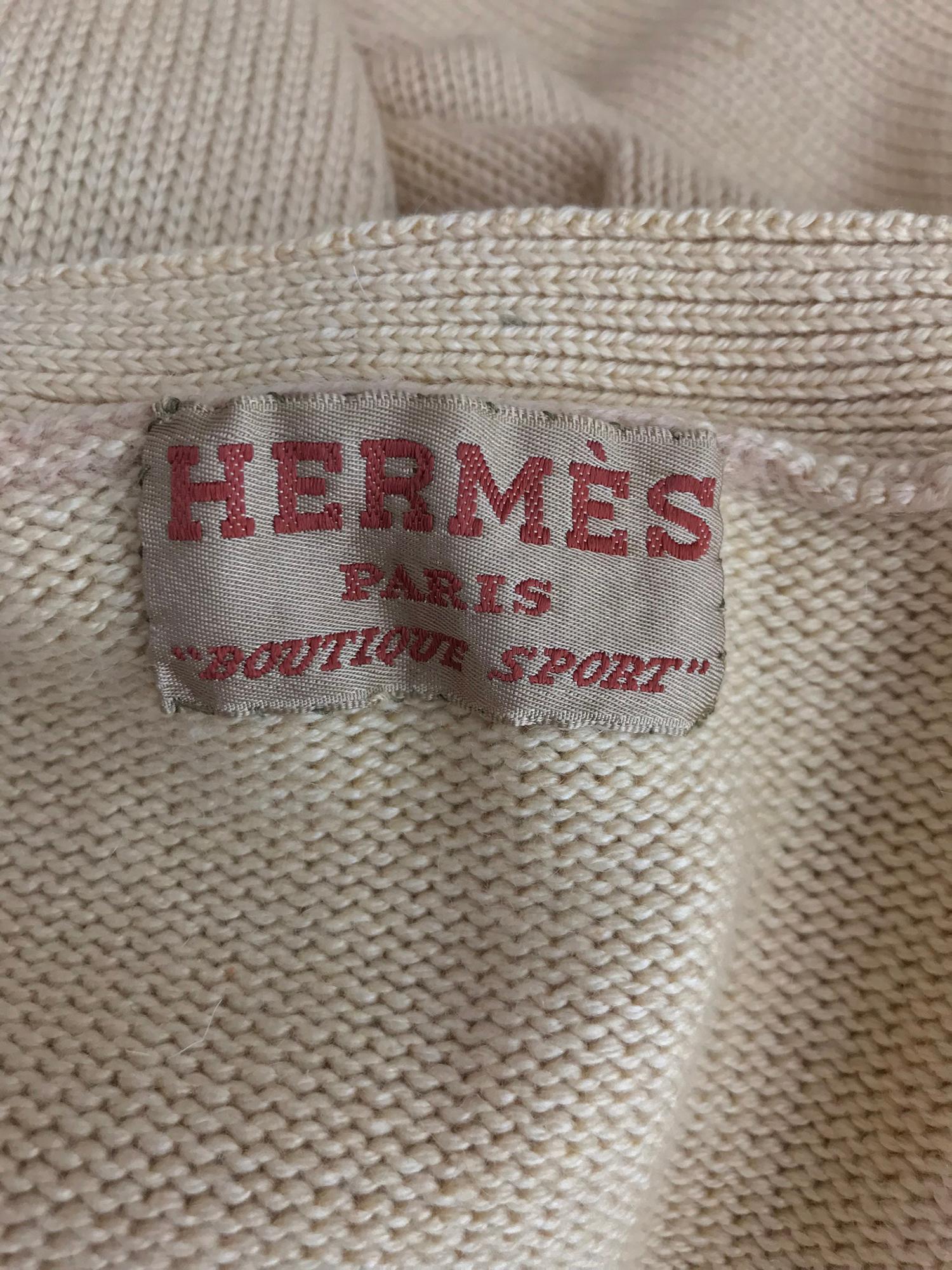 Hermes tan cashmere silk cable knit cardigan sweater 1960s For Sale 5