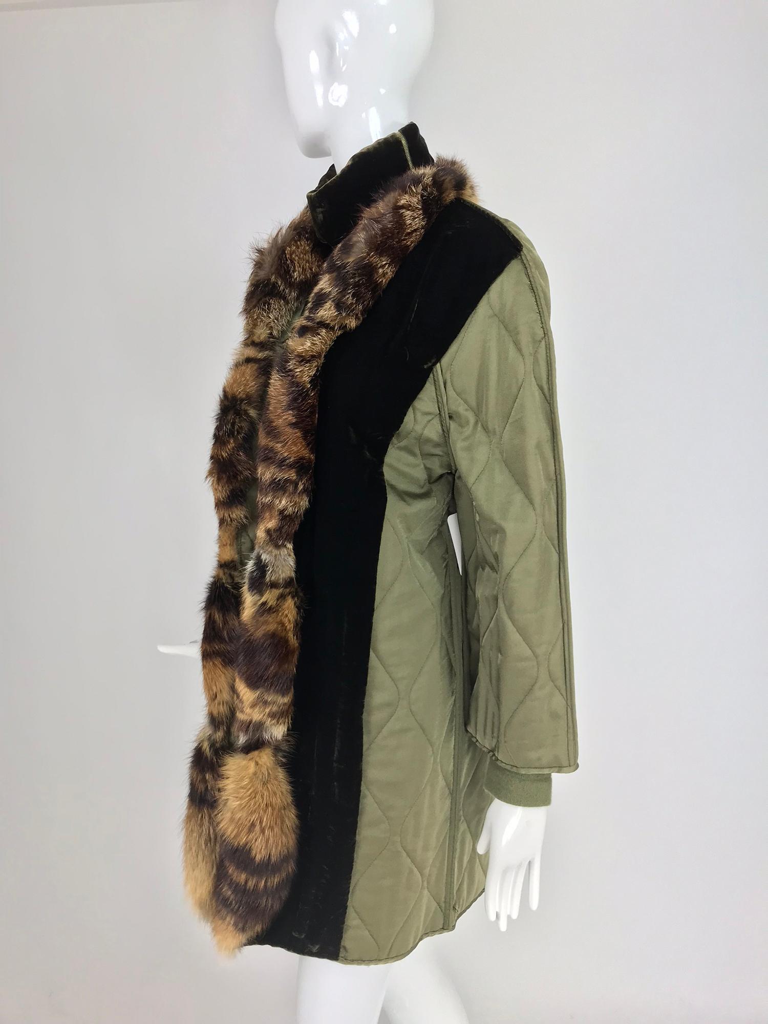 Gianfranco Ferre Olive Velvet and Fur Trimmed quilted jacket and sweater 1990s 4