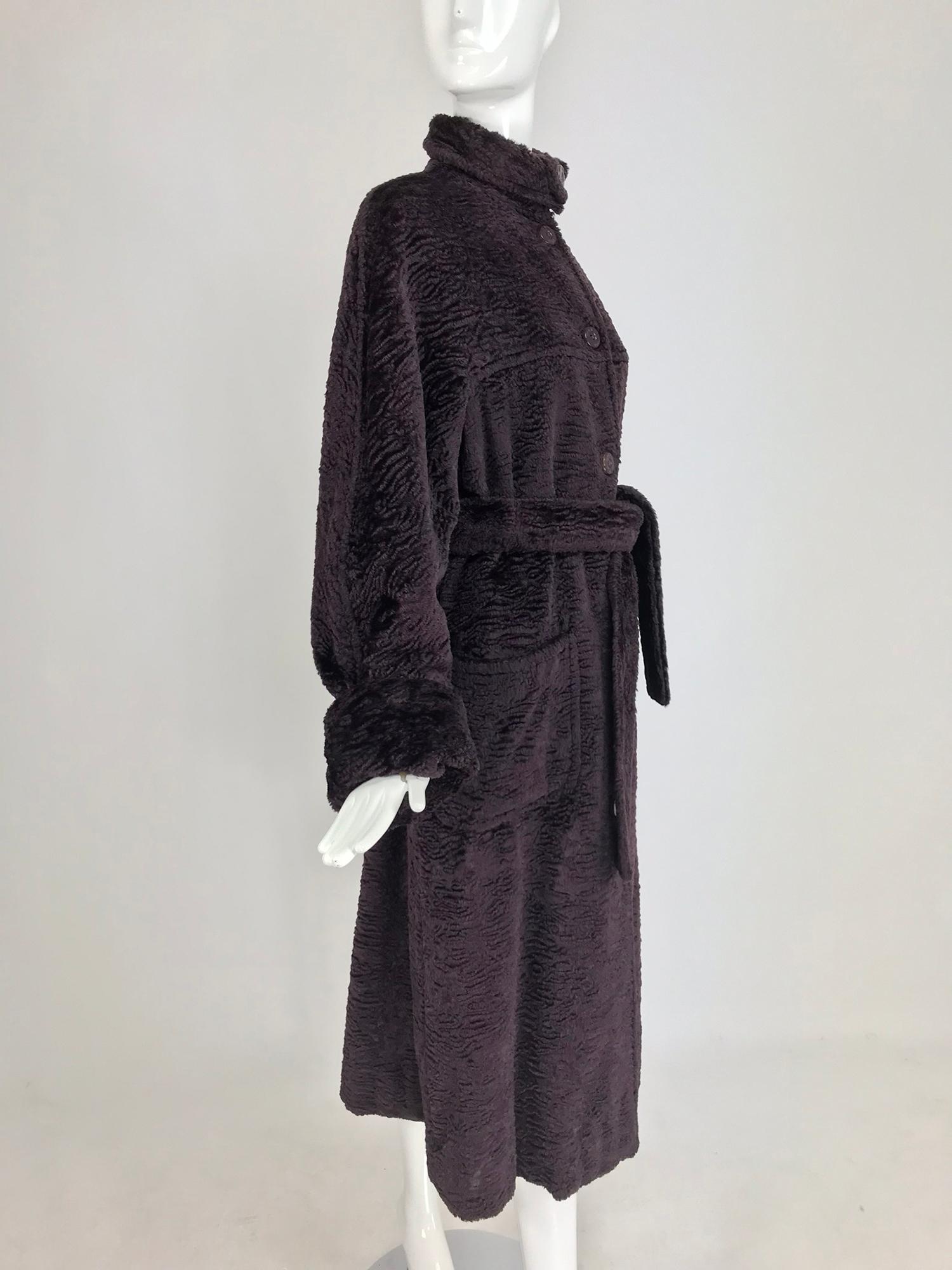 Black Fendi Aubergine Faux Karakul Belted Coat 1990s