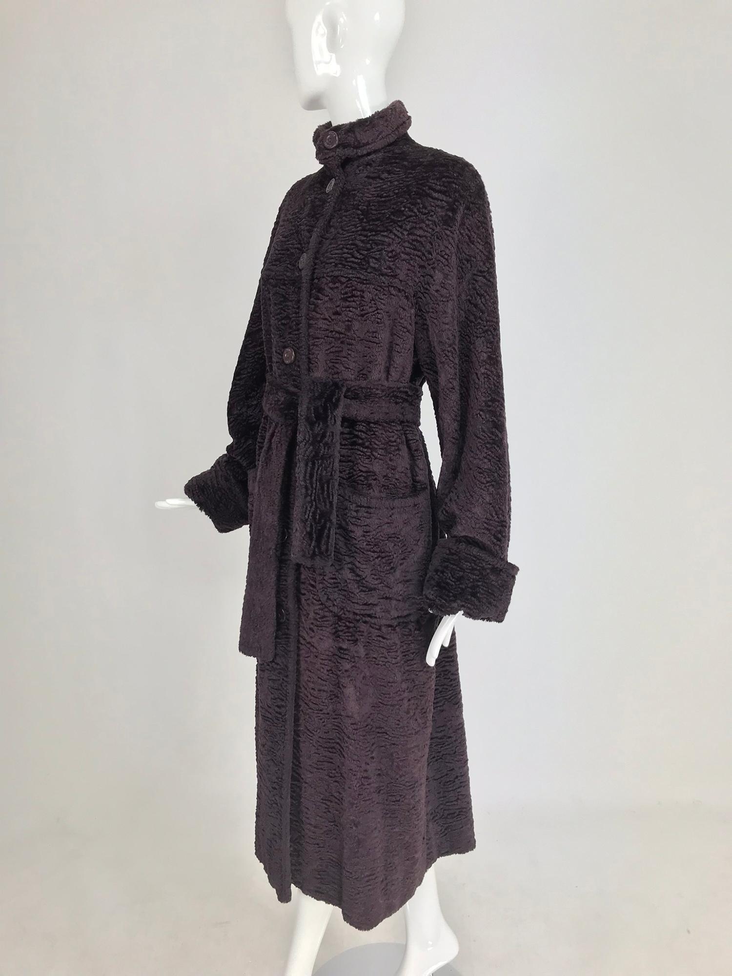Fendi Aubergine Faux Karakul Belted Coat 1990s 10