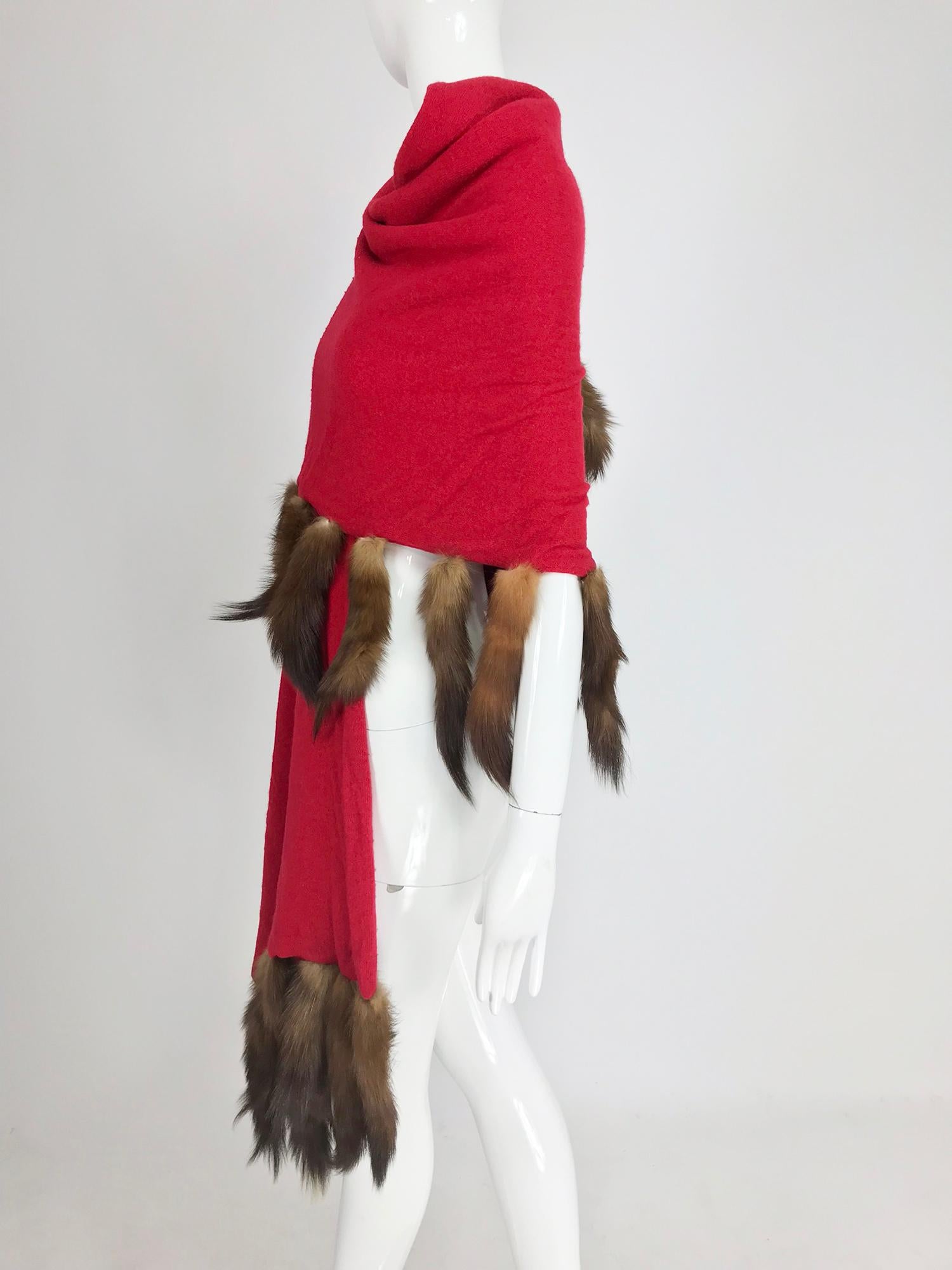 Women's or Men's Adrienne Landau Red Wool Knit shawl with mink tail trim 1980s