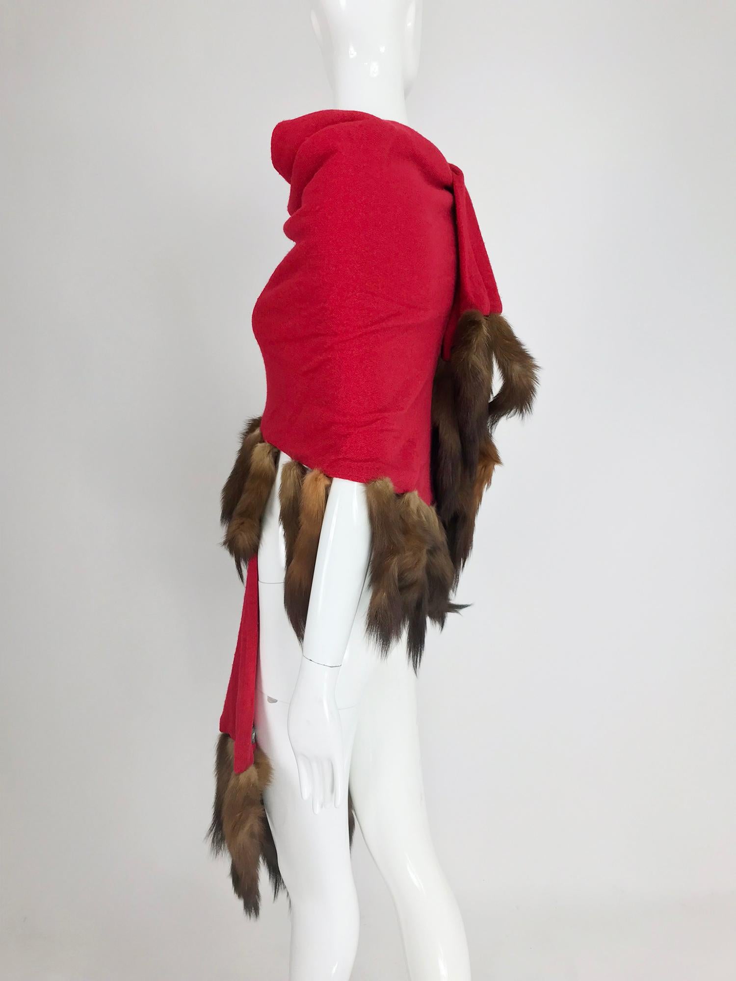 Adrienne Landau Red Wool Knit shawl with mink tail trim 1980s 1