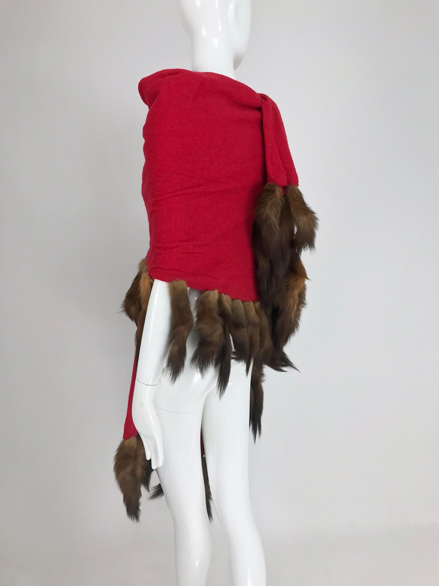 Adrienne Landau Red Wool Knit shawl with mink tail trim 1980s 2
