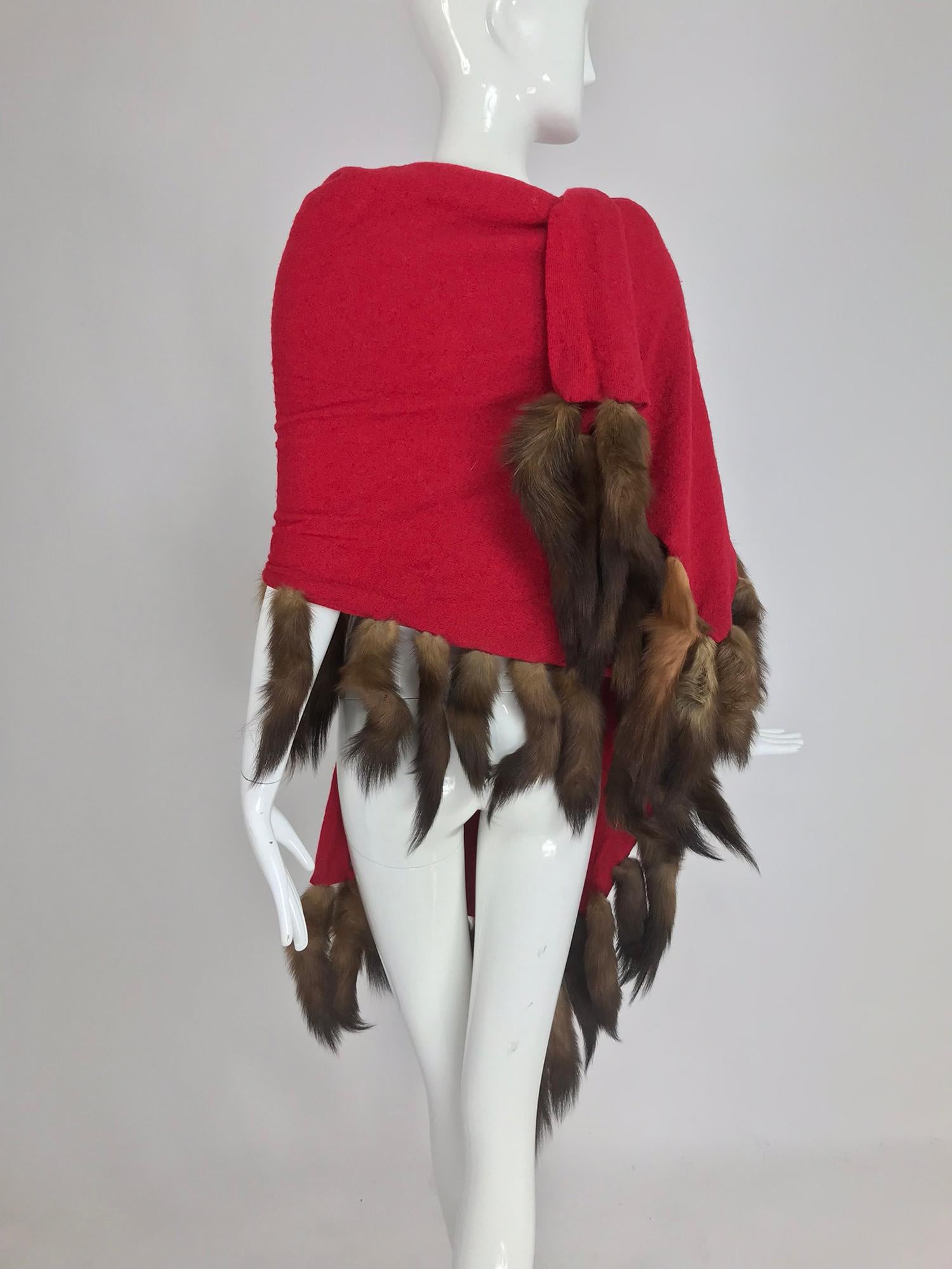 Adrienne Landau Red Wool Knit shawl with mink tail trim 1980s 3