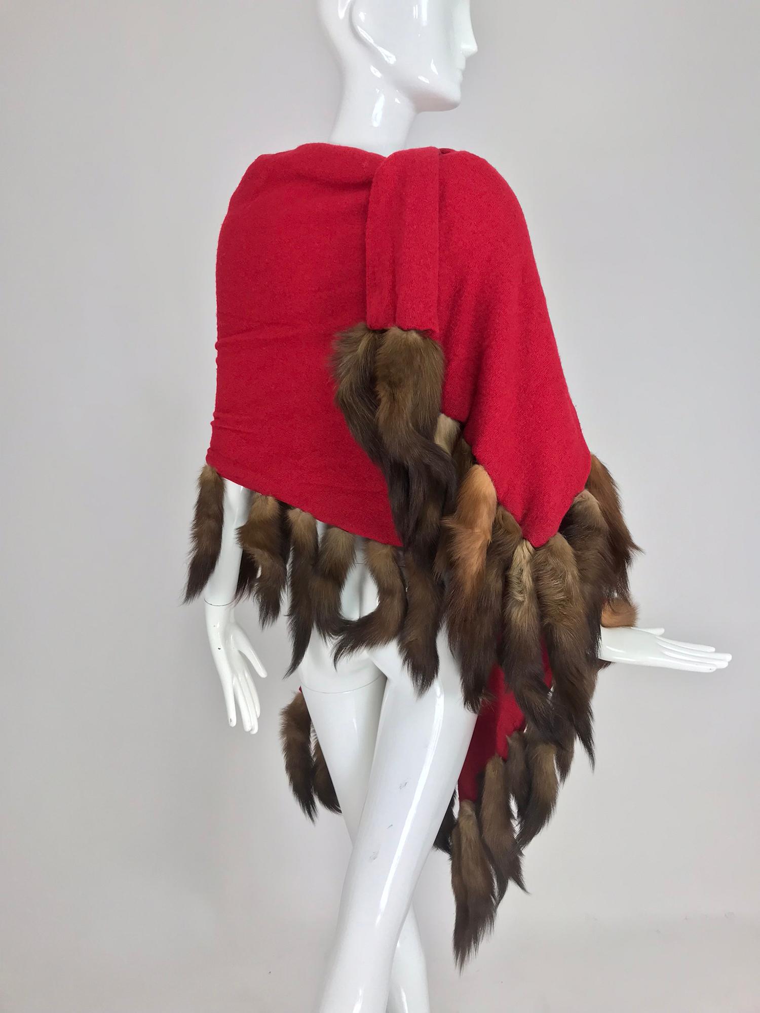 Adrienne Landau Red Wool Knit shawl with mink tail trim 1980s 4