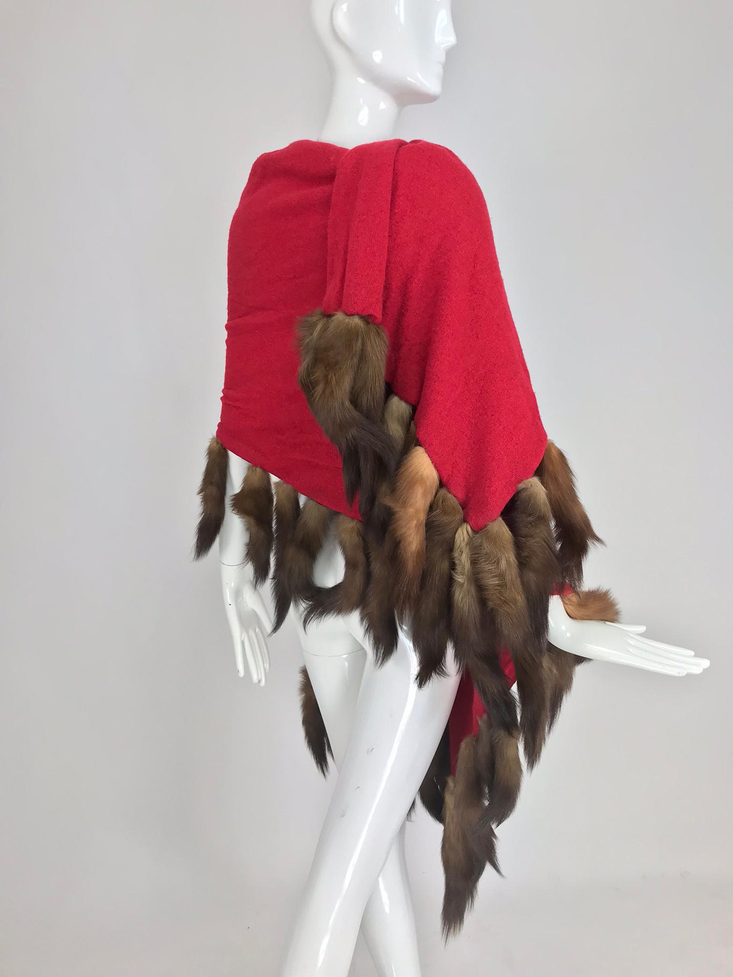 Adrienne Landau Red Wool Knit shawl with mink tail trim 1980s 5