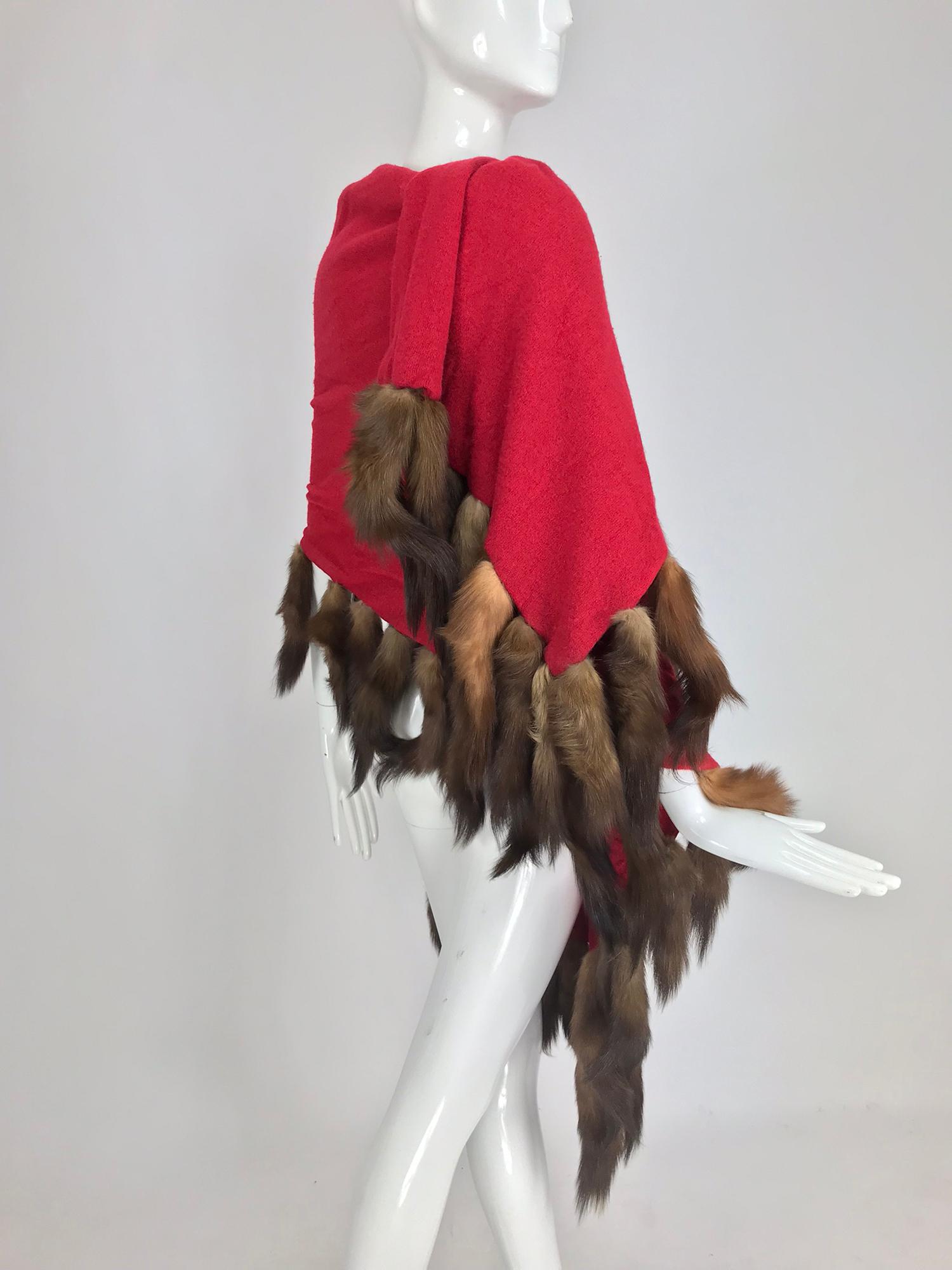 Adrienne Landau Red Wool Knit shawl with mink tail trim 1980s 6
