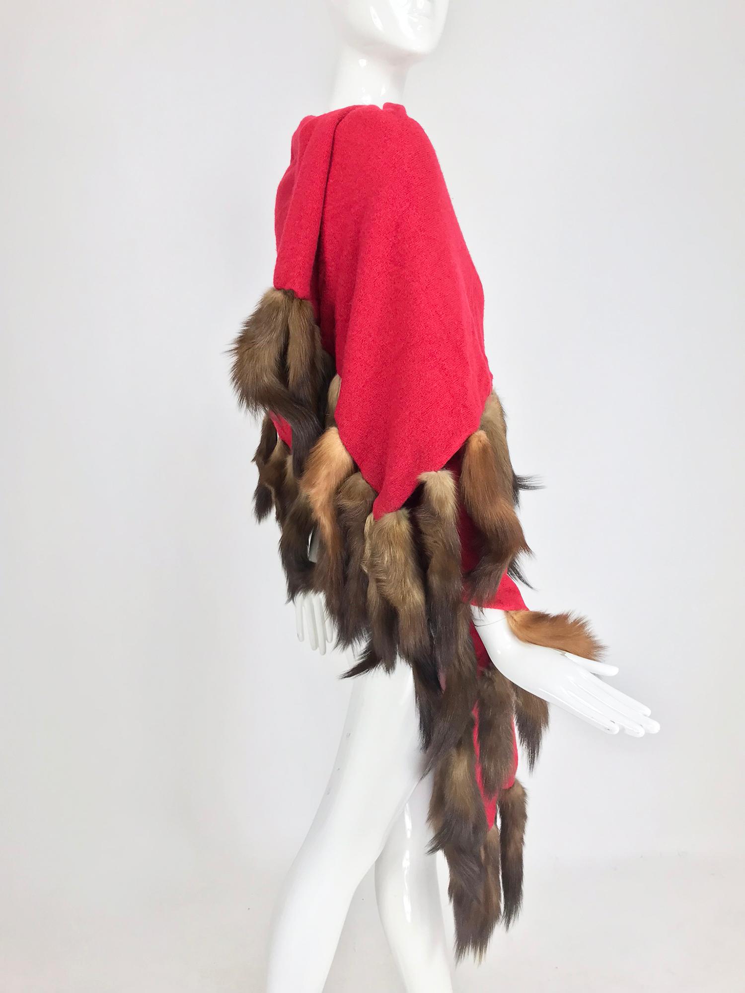 Adrienne Landau Red Wool Knit shawl with mink tail trim 1980s 7