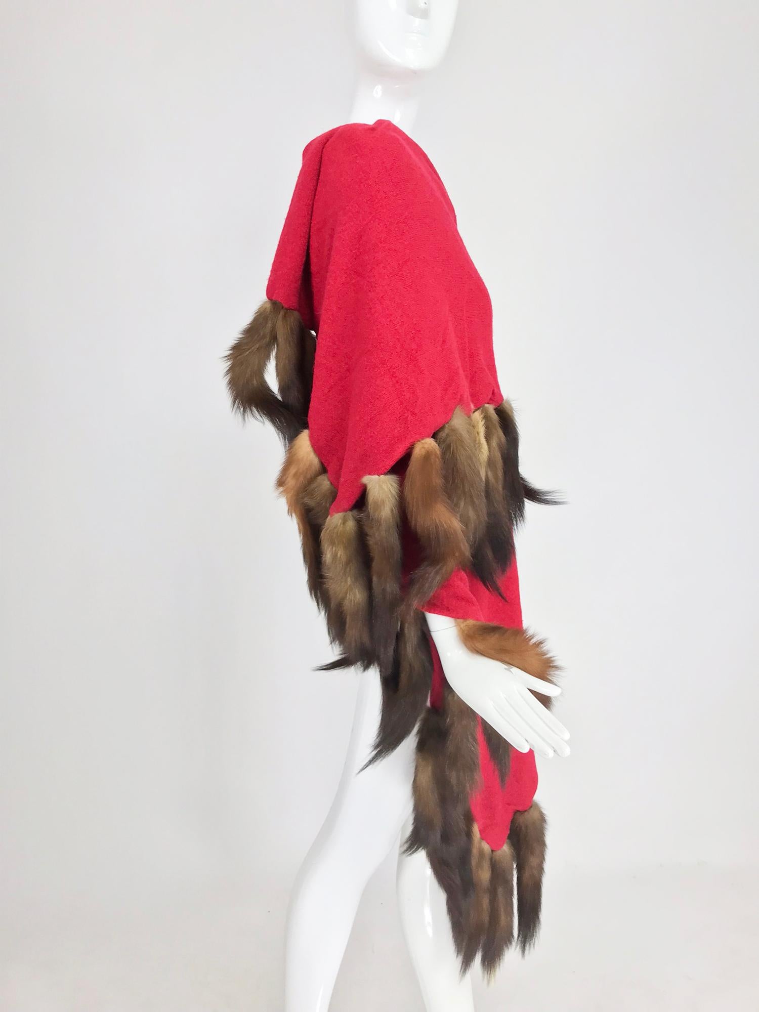 Adrienne Landau Red Wool Knit shawl with mink tail trim 1980s 8