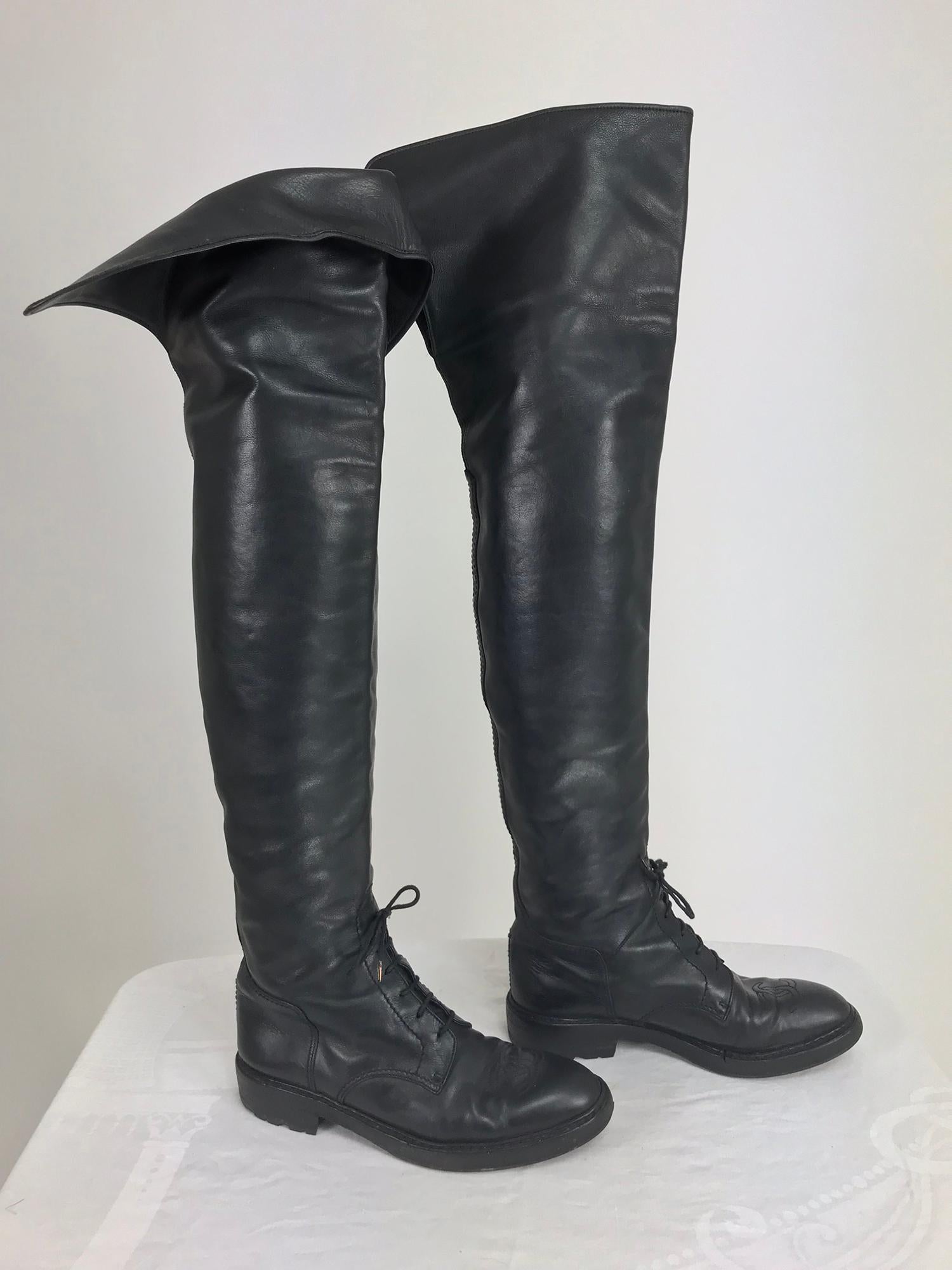 Chanel Over the knee black leather riding boots Claudia Schiffer worn 1990s In Good Condition In West Palm Beach, FL