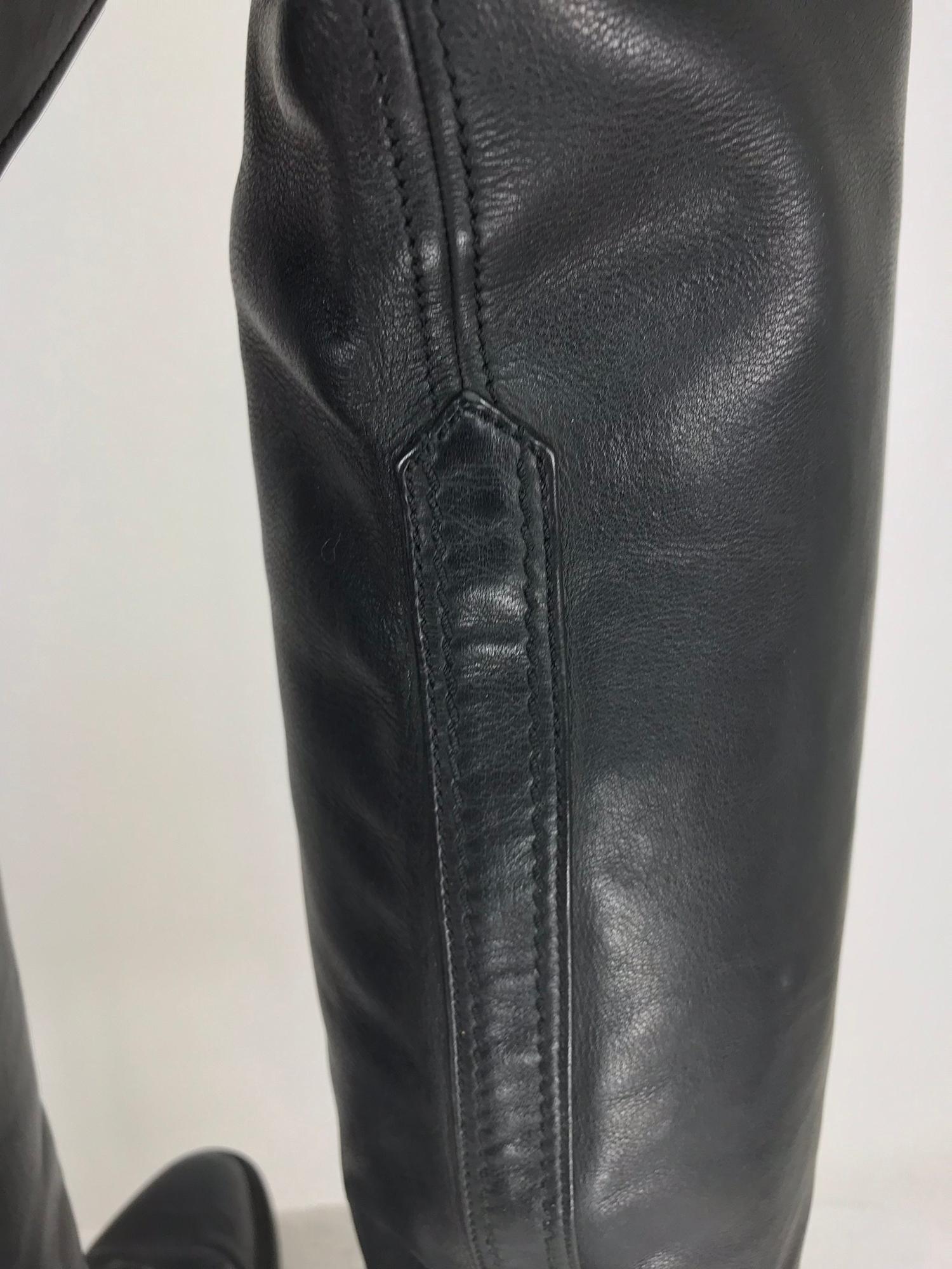 Women's Chanel Over the knee black leather riding boots Claudia Schiffer worn 1990s