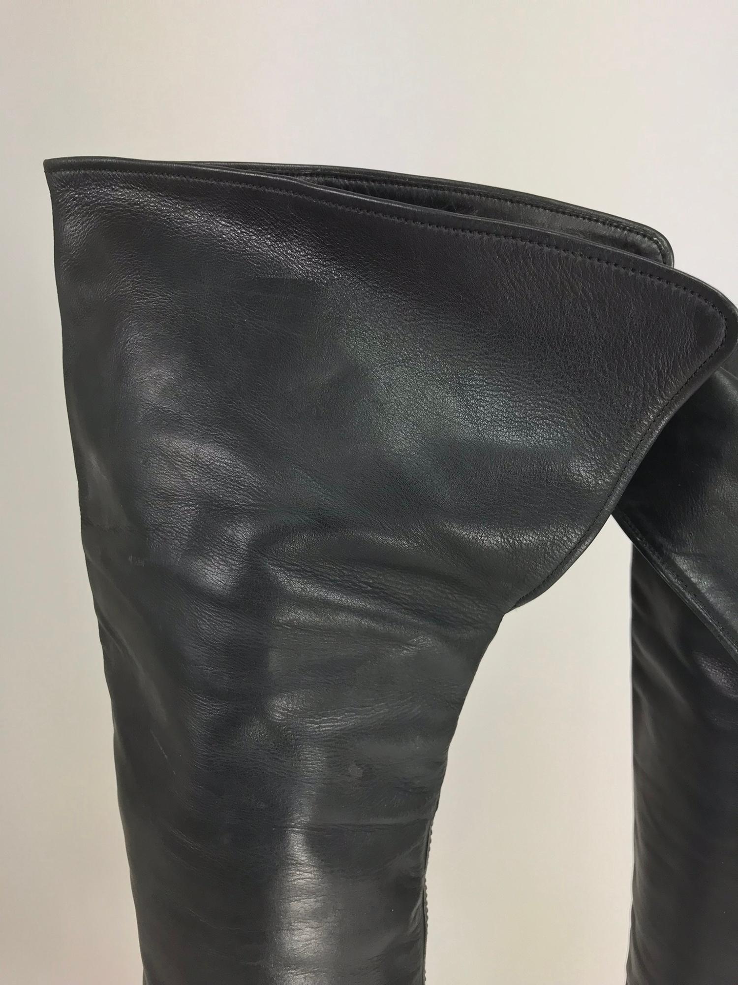 Chanel Over the knee black leather riding boots Claudia Schiffer worn 1990s 3