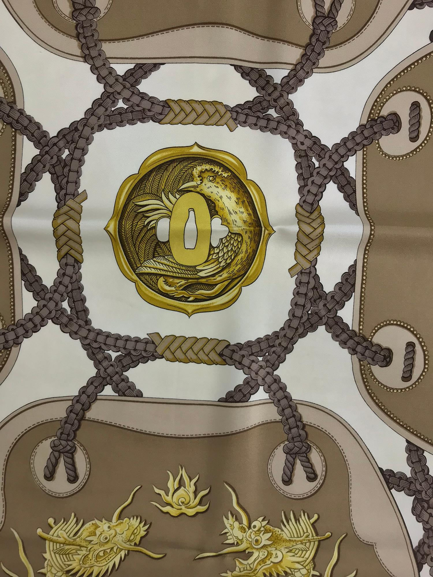 Brown Hermes Tsubas Silk Twill Scarf Designed by Christiane Vauzelles 35 x 35