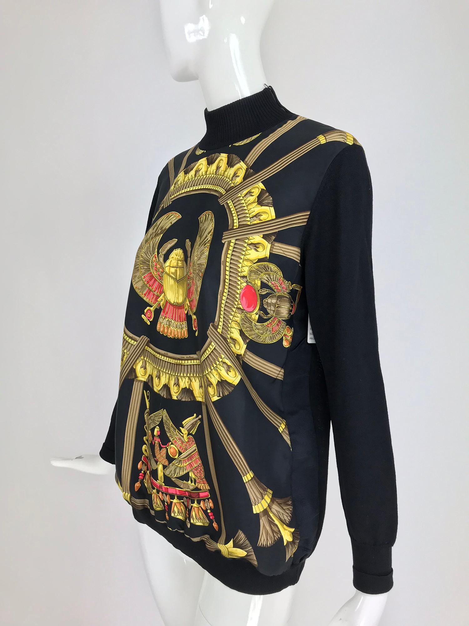 Black Hermes Scarab Scarabees et Pectoraux black silk twill scarf sweater 1970s Rare