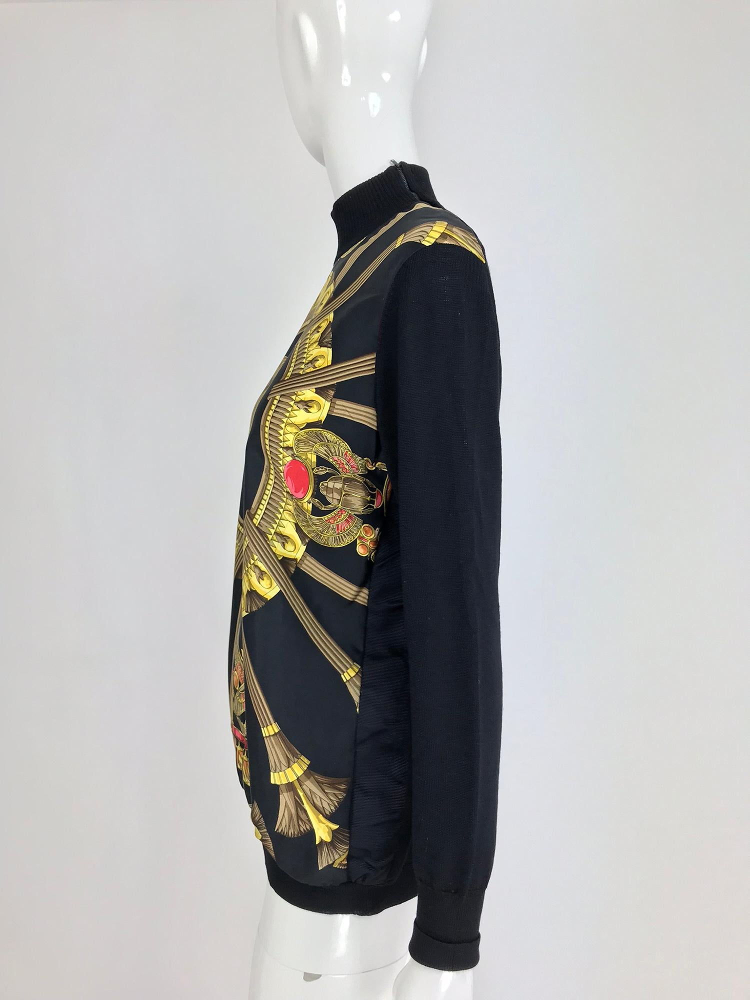 Women's Hermes Scarab Scarabees et Pectoraux black silk twill scarf sweater 1970s Rare