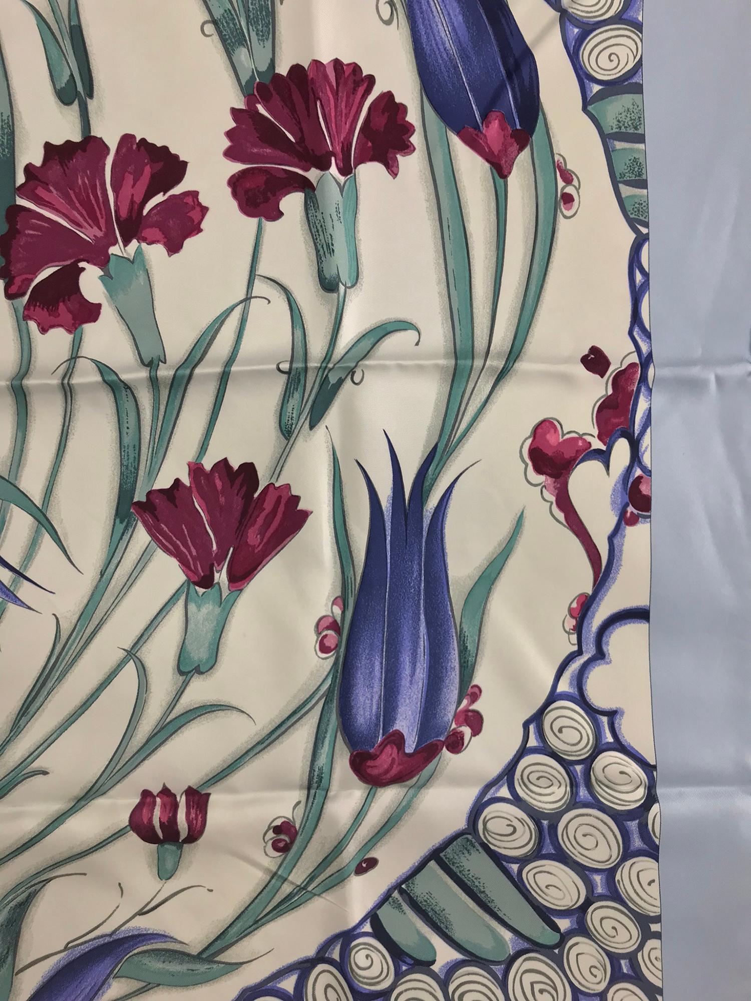 Hermes Ceramique Ottomane Laurence Bourthoumieux Blue Silk Scarf 35 x 35  In Good Condition In West Palm Beach, FL