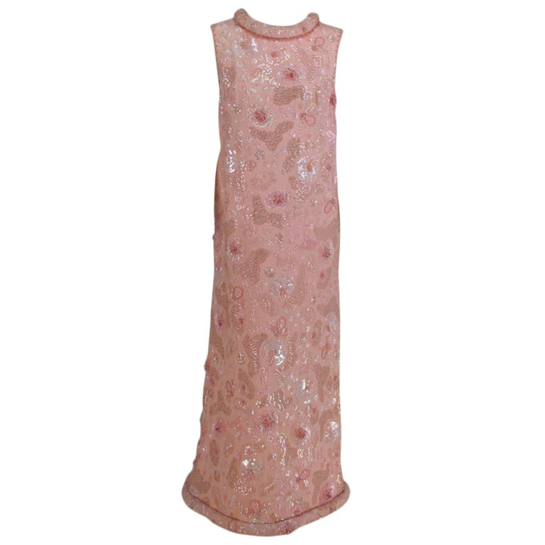 Bonwit Teller candy pink beaded sequin silk chiffon roll hem evening dress 1960s