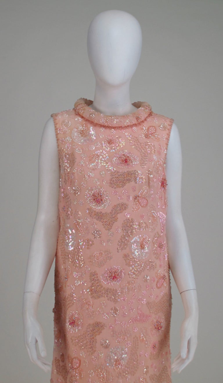 Brown Bonwit Teller candy pink beaded sequin silk chiffon roll hem evening dress 1960s For Sale