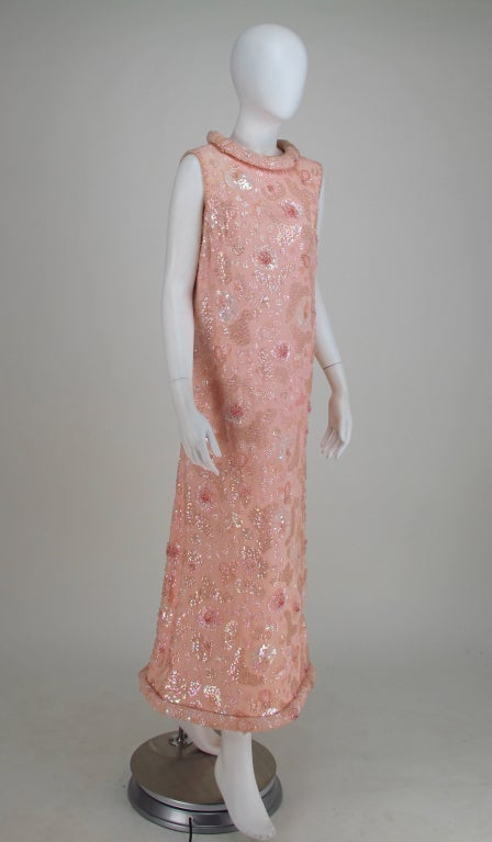 Brown Bonwit Teller candy pink beaded sequin silk chiffon roll hem evening dress 1960s