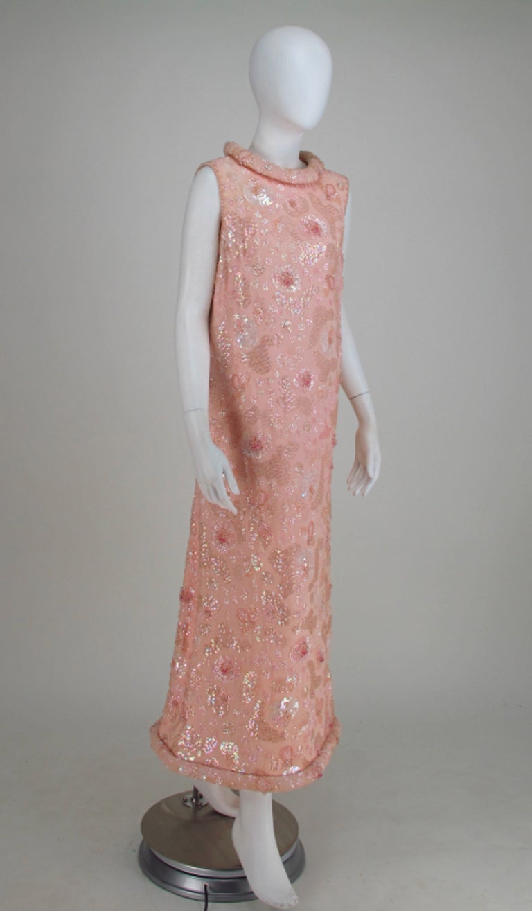 Bonwit Teller candy pink beaded sequin silk chiffon roll hem evening dress 1960s In Good Condition For Sale In West Palm Beach, FL