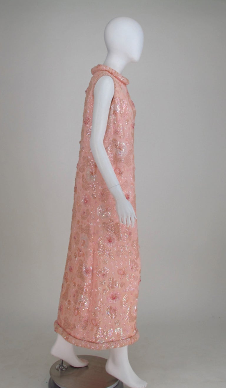Women's Bonwit Teller candy pink beaded sequin silk chiffon roll hem evening dress 1960s For Sale