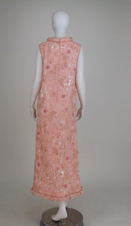 Women's Bonwit Teller candy pink beaded sequin silk chiffon roll hem evening dress 1960s