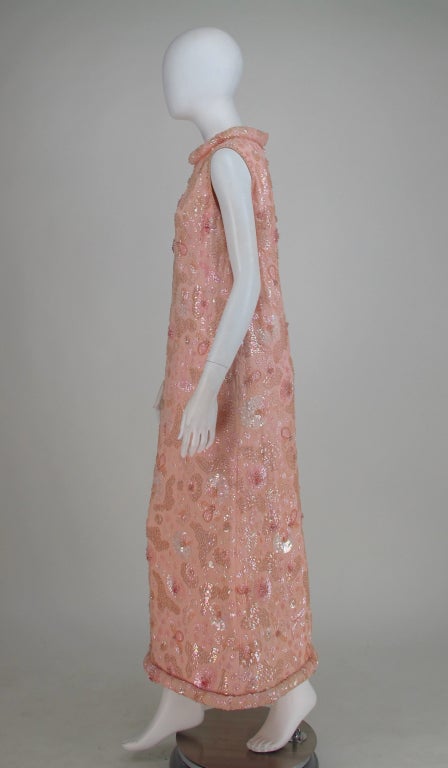 Bonwit Teller candy pink beaded sequin silk chiffon roll hem evening dress 1960s 1