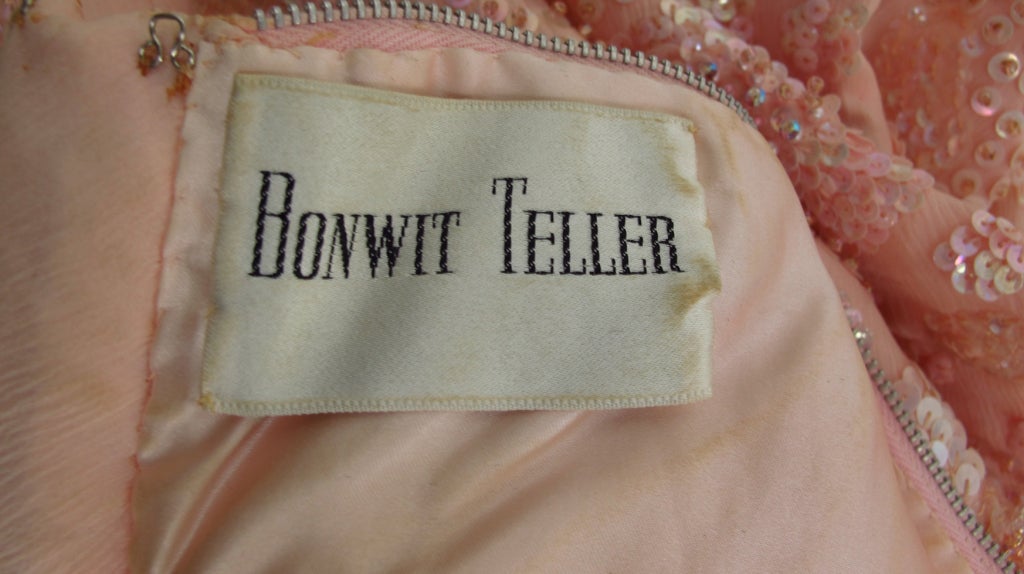 Bonwit Teller candy pink beaded sequin silk chiffon roll hem evening dress 1960s 2