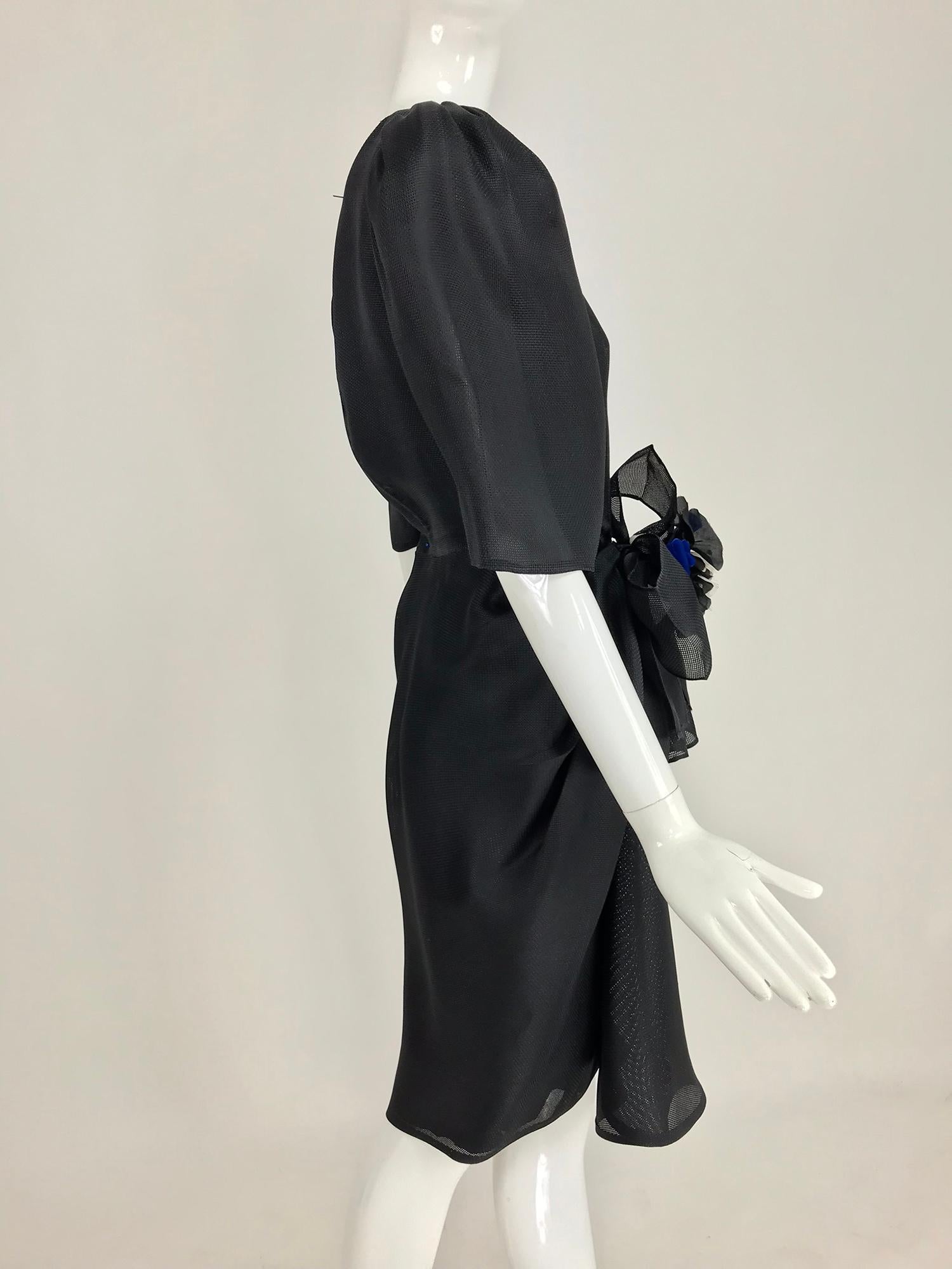 Givency Black Textured Silk Dress with Hip Bow 1990s For Sale 1