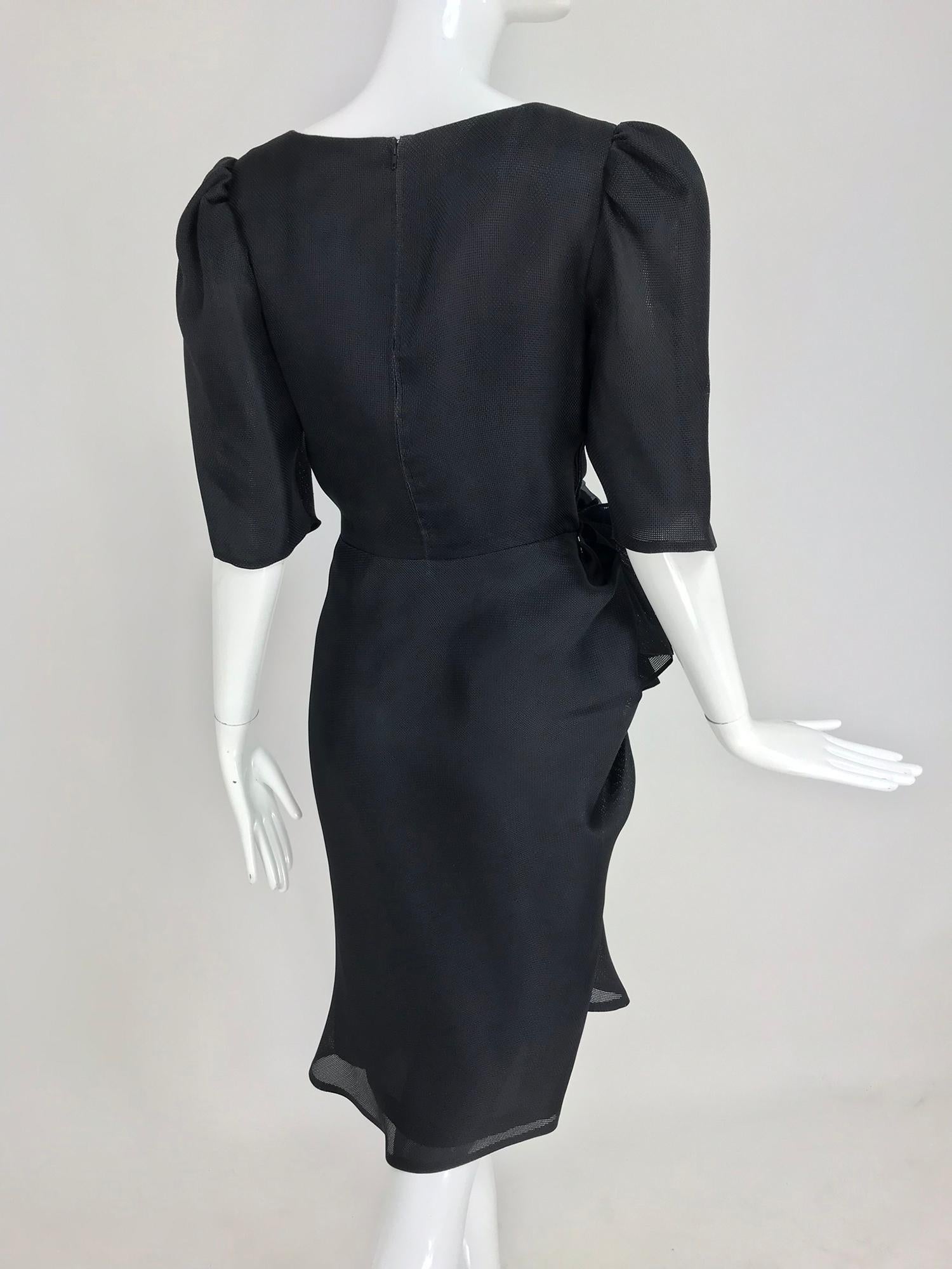Givency Black Textured Silk Dress with Hip Bow 1990s For Sale 3