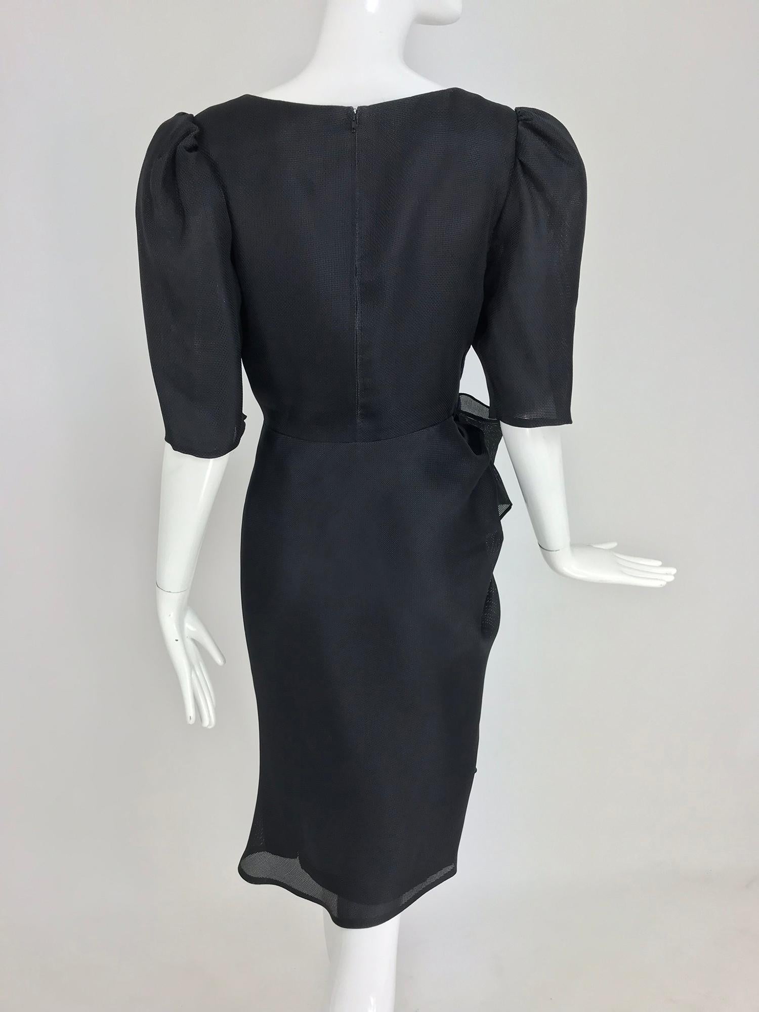 Givency Black Textured Silk Dress with Hip Bow 1990s For Sale 4