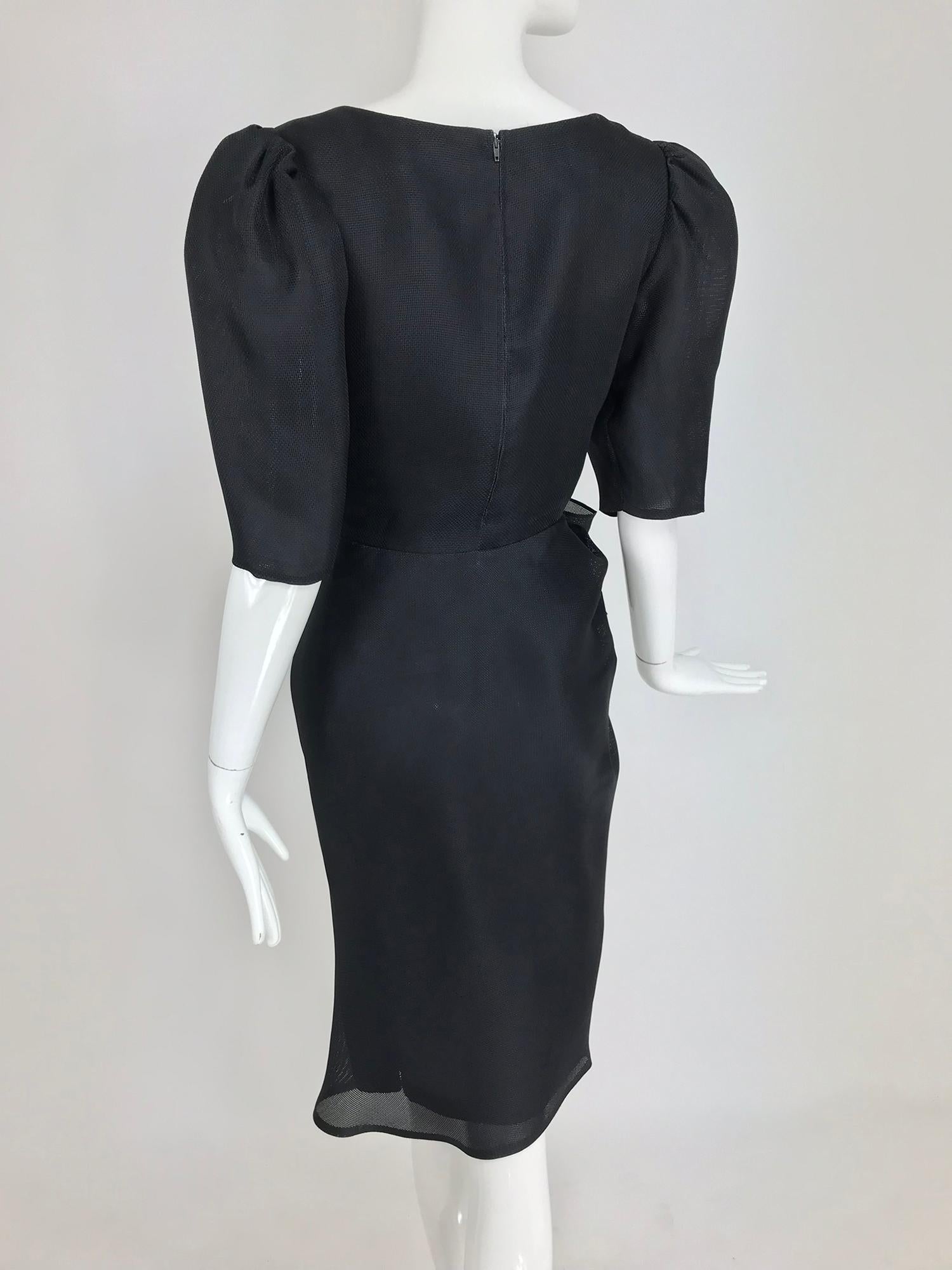 Givency Black Textured Silk Dress with Hip Bow 1990s For Sale 5