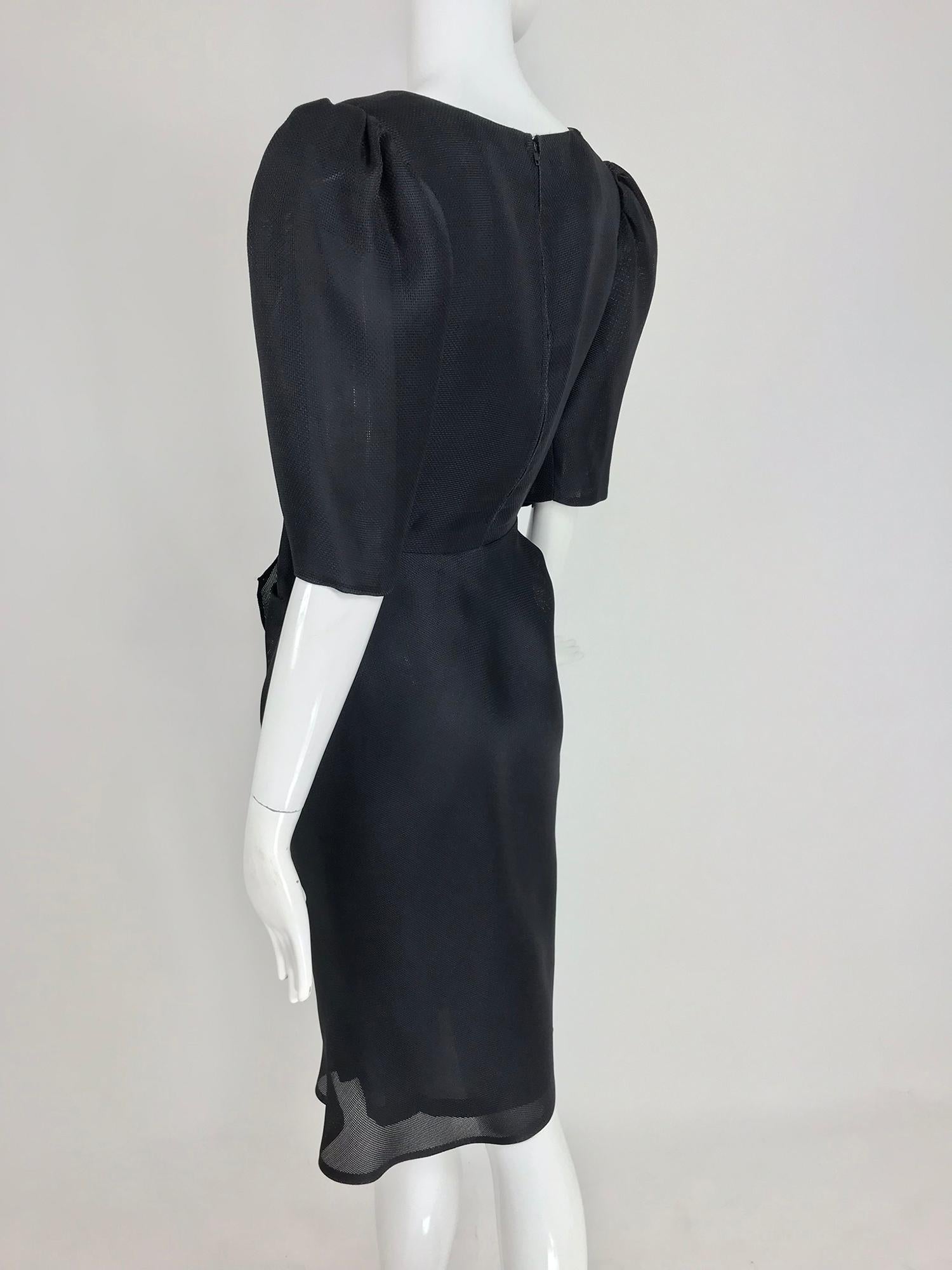 Givency Black Textured Silk Dress with Hip Bow 1990s For Sale 6