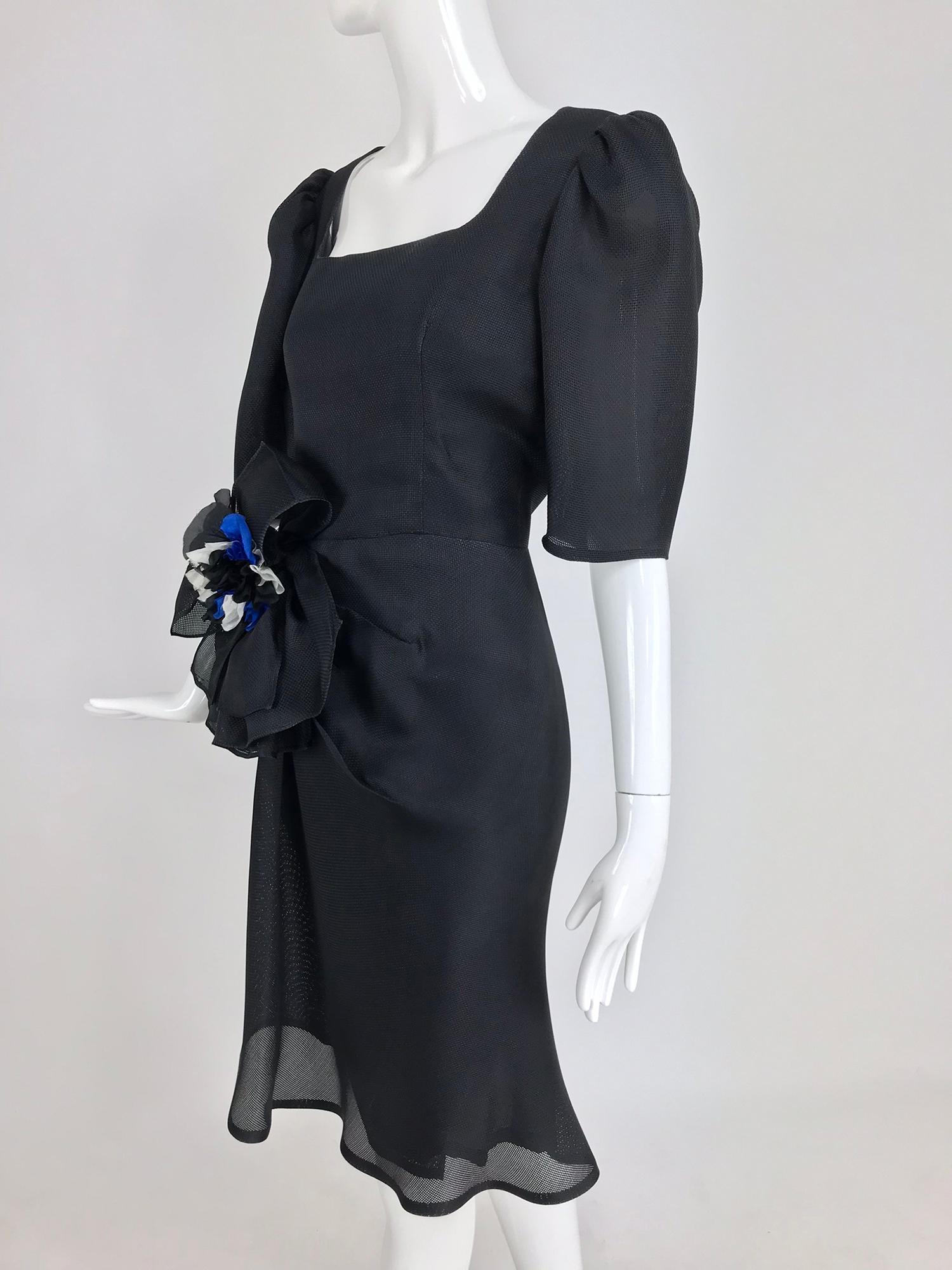 Givency Black Textured Silk Dress with Hip Bow 1990s For Sale 9