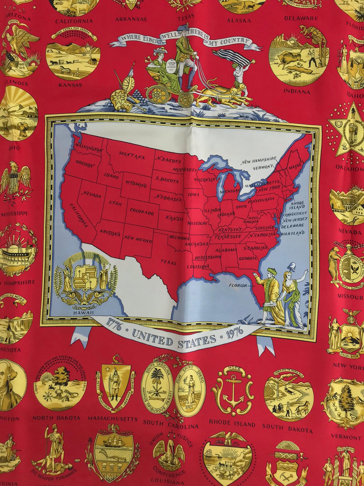 Hermes Bicentennial silk twill scarf designed by Hugo Grygkar 1976 Rare. In honour of the United States bicentennial 1776-1976, Hermes issued this beautiful scarf, this version in Red, white and blue with a map of the United States at the center