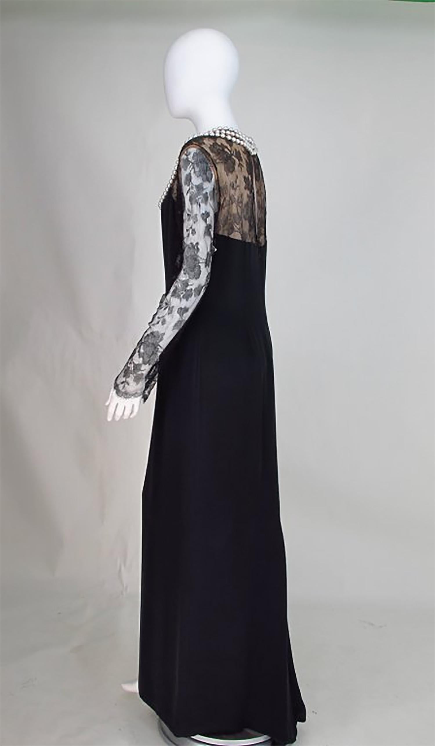 Bill Blass black lace and silk chiffon gown with pearl applique ...